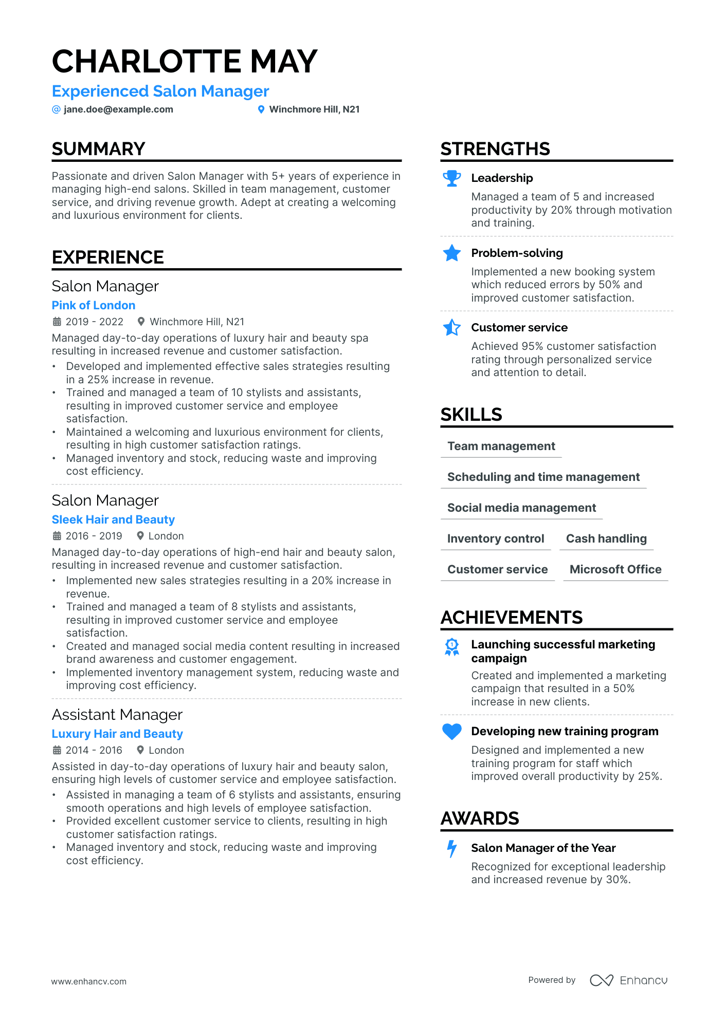 A resume example of a Salon Manager