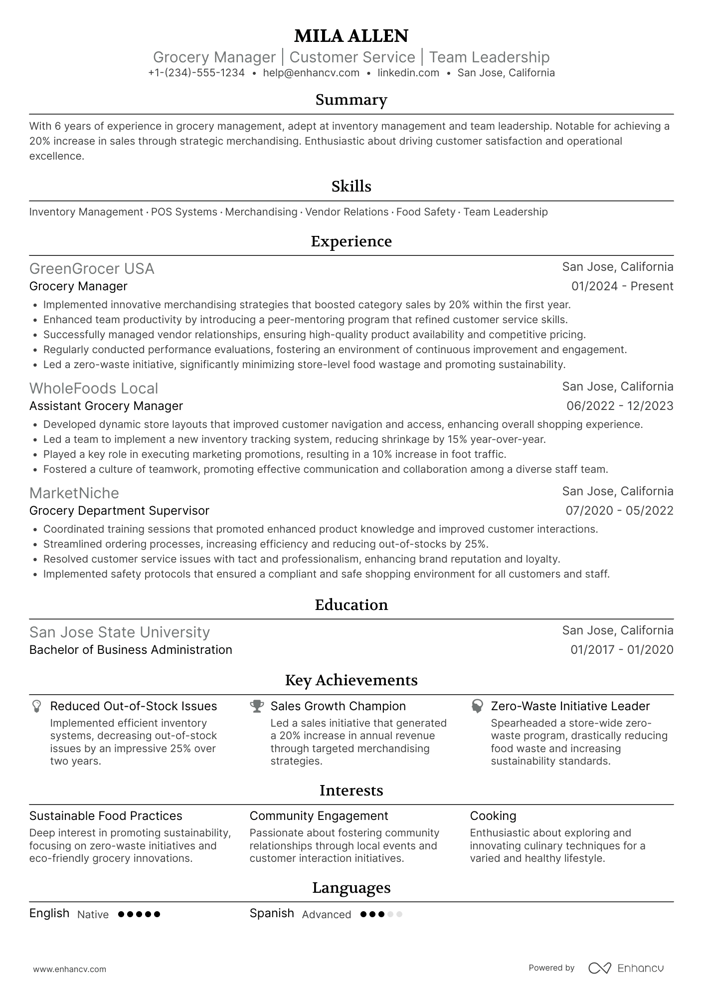A resume example of a Grocery Manager