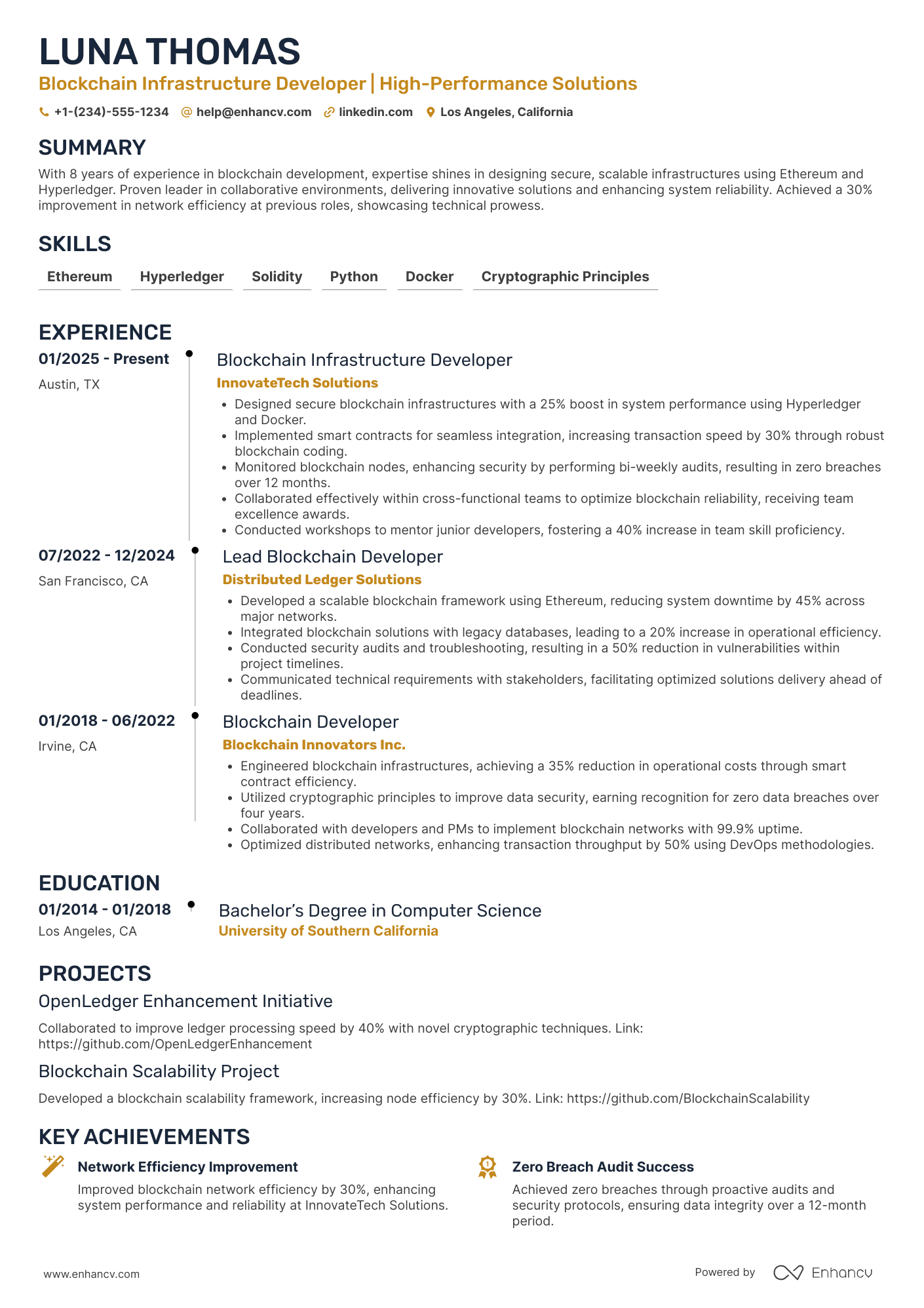 A resume example of a Blockchain Infrastructure Developer
