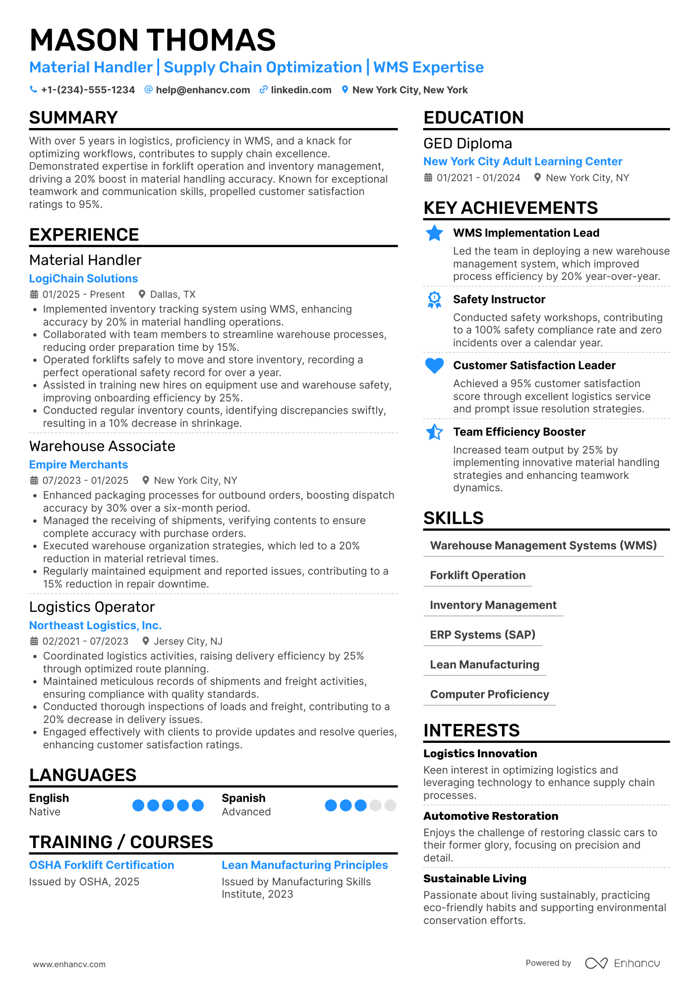 A resume example of a Material Handler
