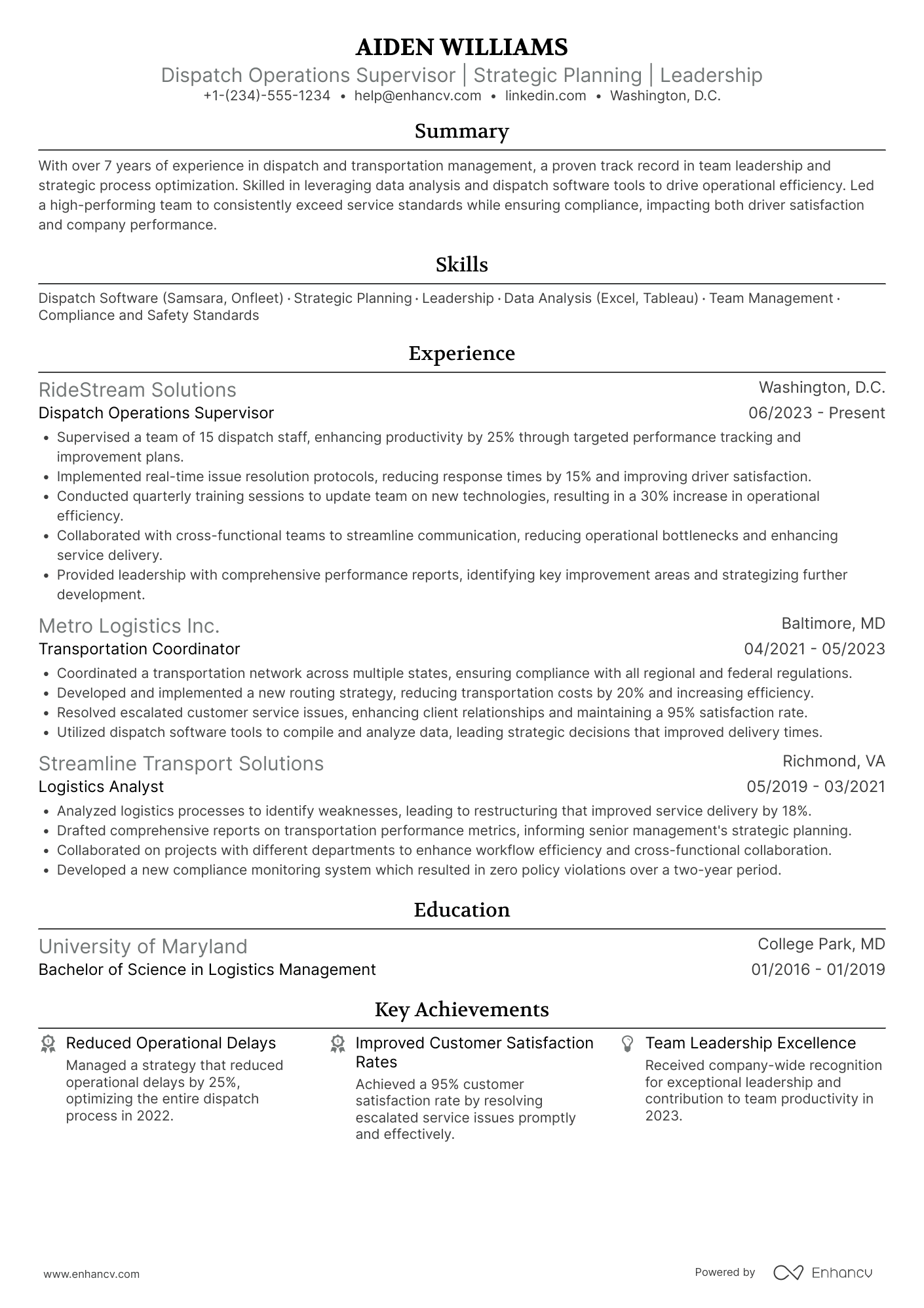 A resume example of a Uber Driver Dispatch Supervisor