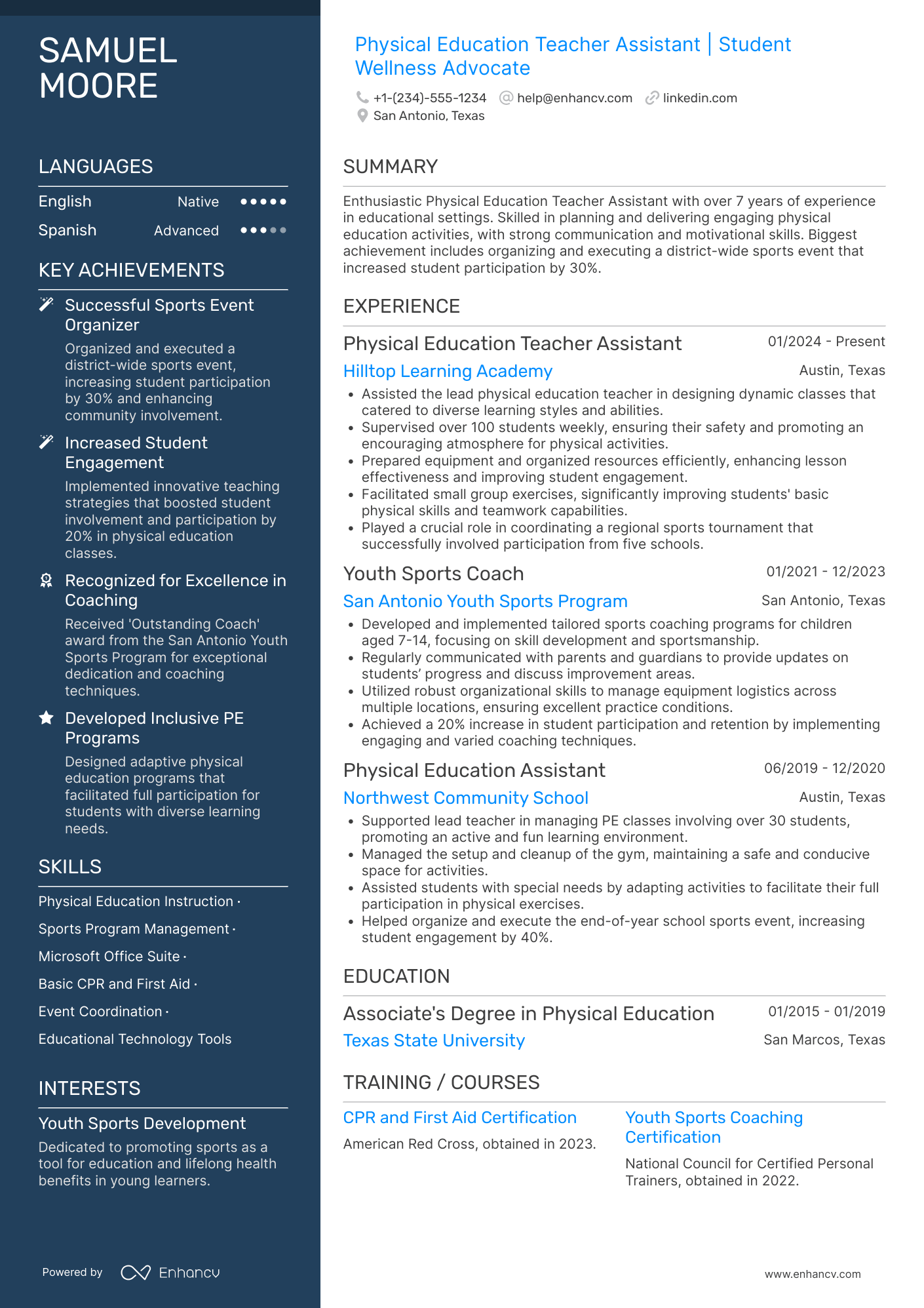 A resume example of a Physical Education Teacher Assistant