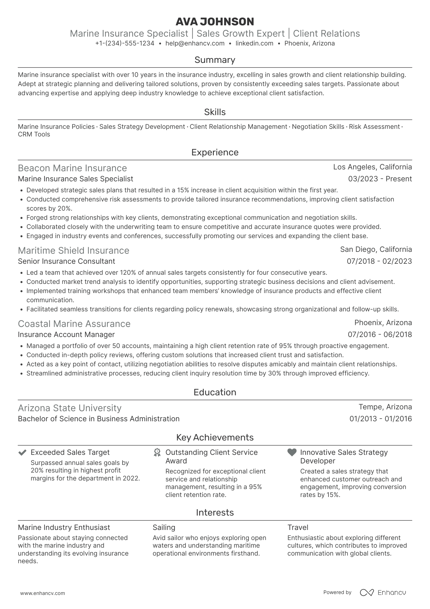 A resume example of a Marine Insurance Sales Specialist