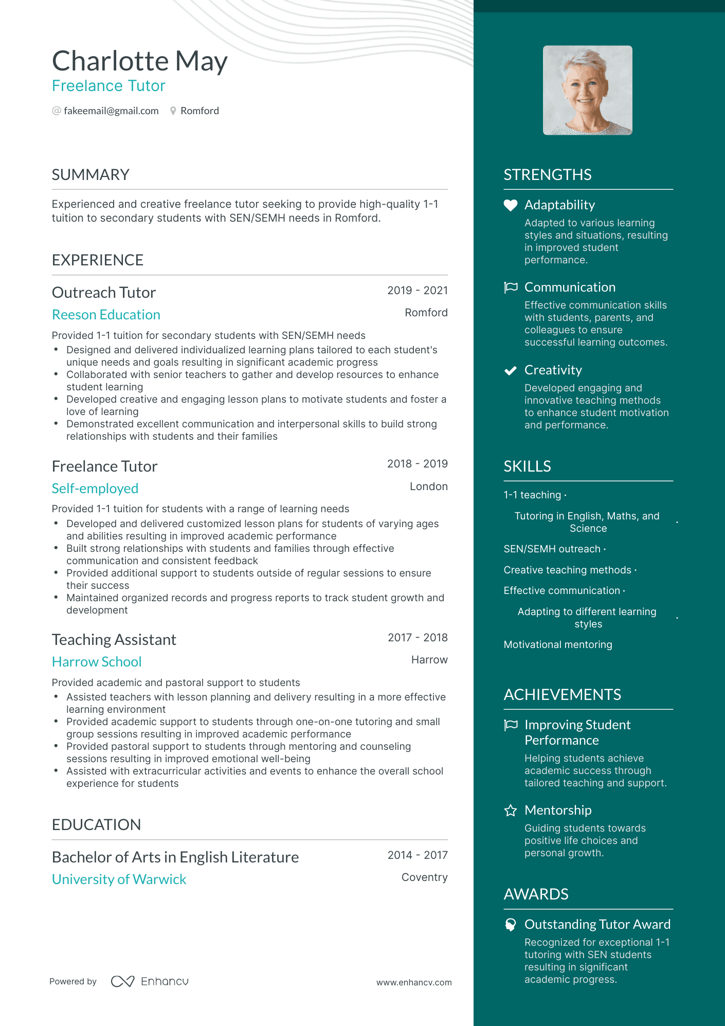 One Page Freelance Tutor Resume Template