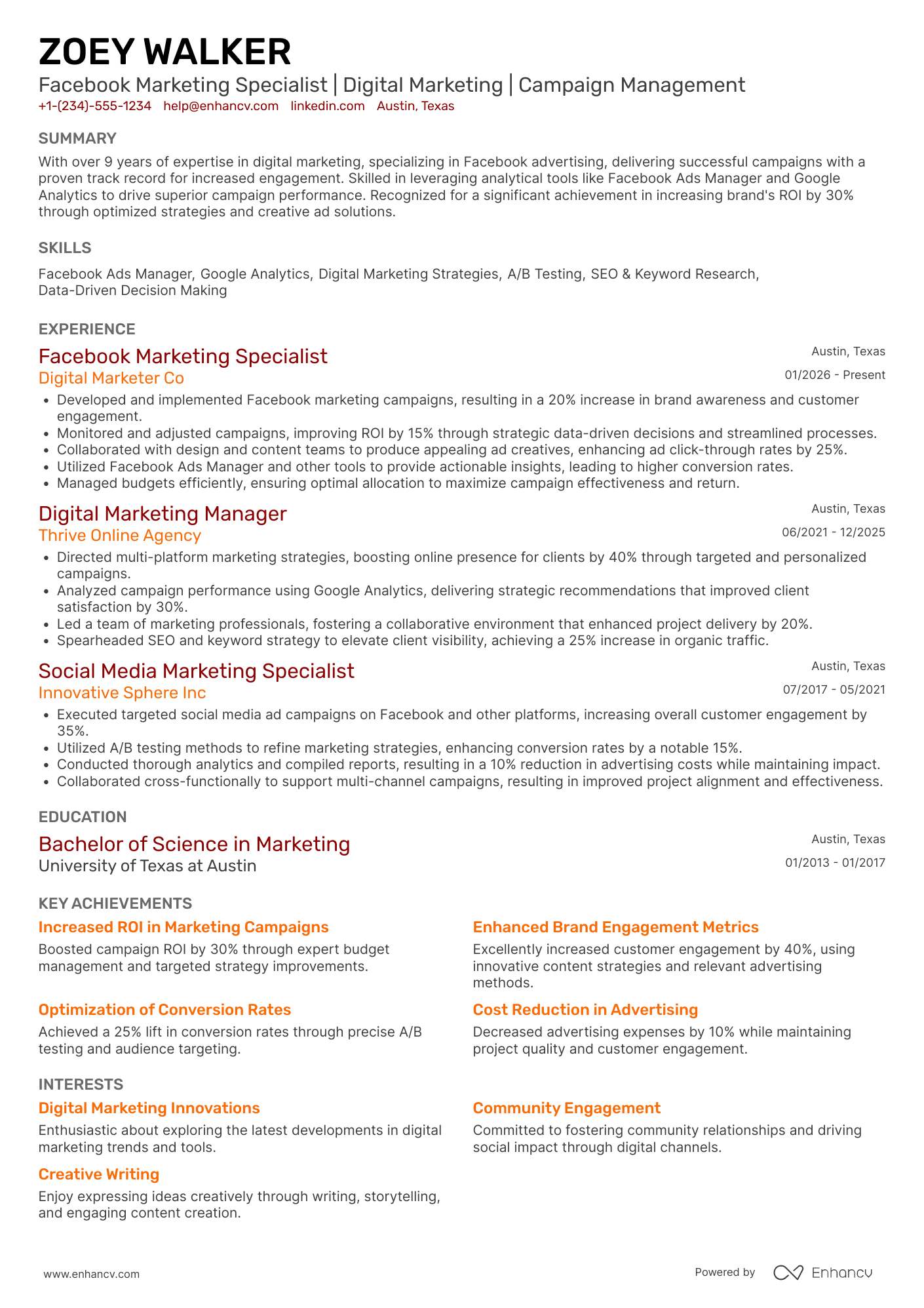 A resume example of a Facebook Marketing Specialist