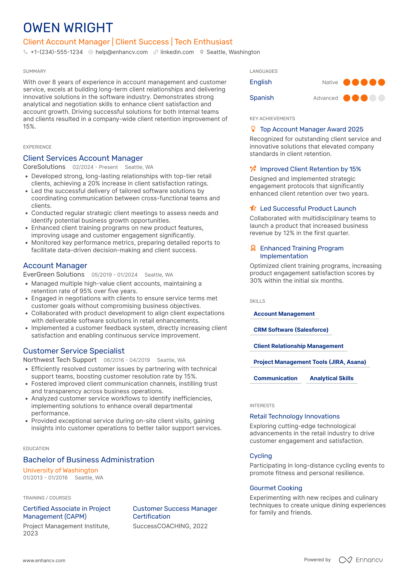 A resume example of a Client Services Account Manager