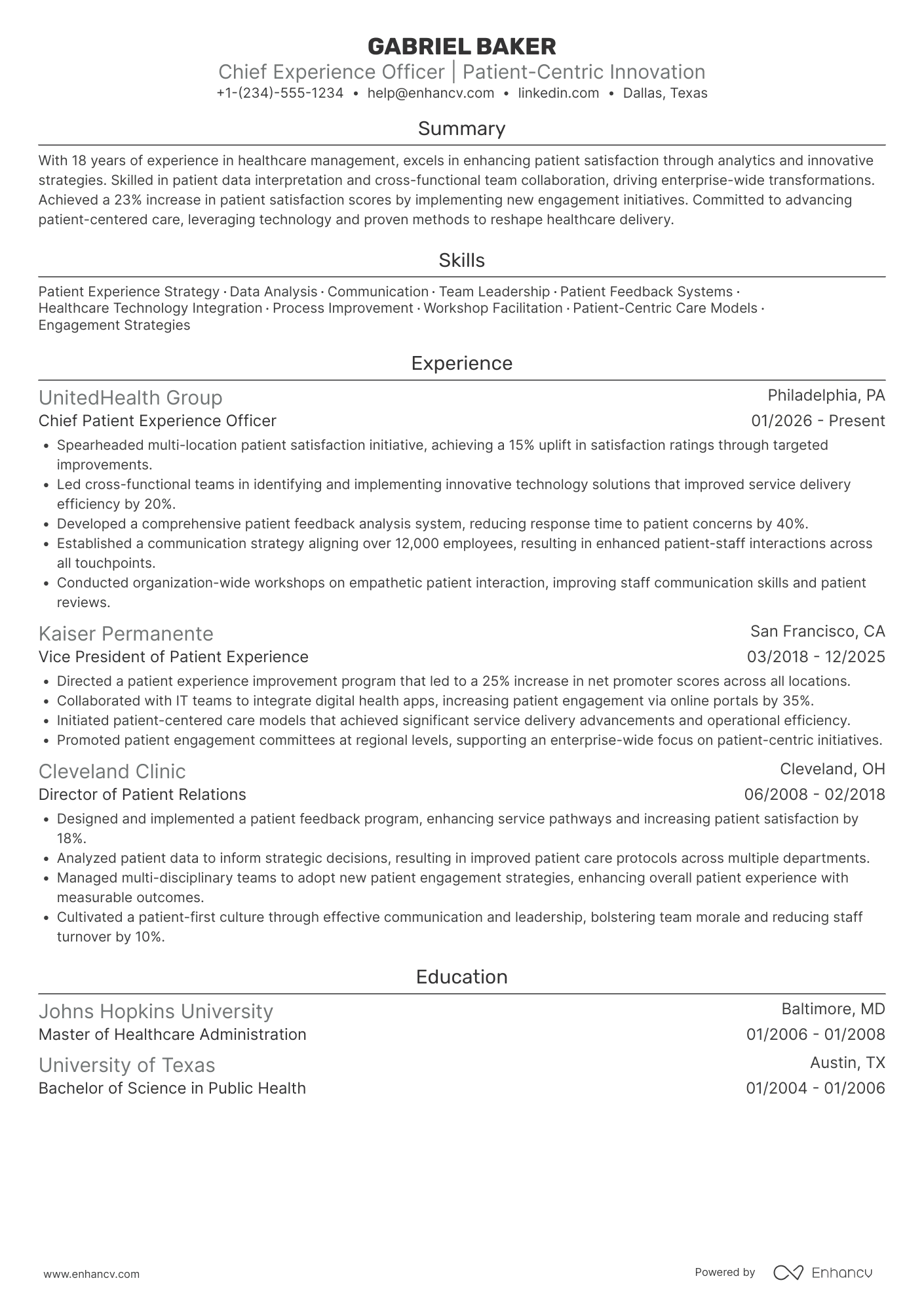A resume example of a Chief Patient Experience Officer
