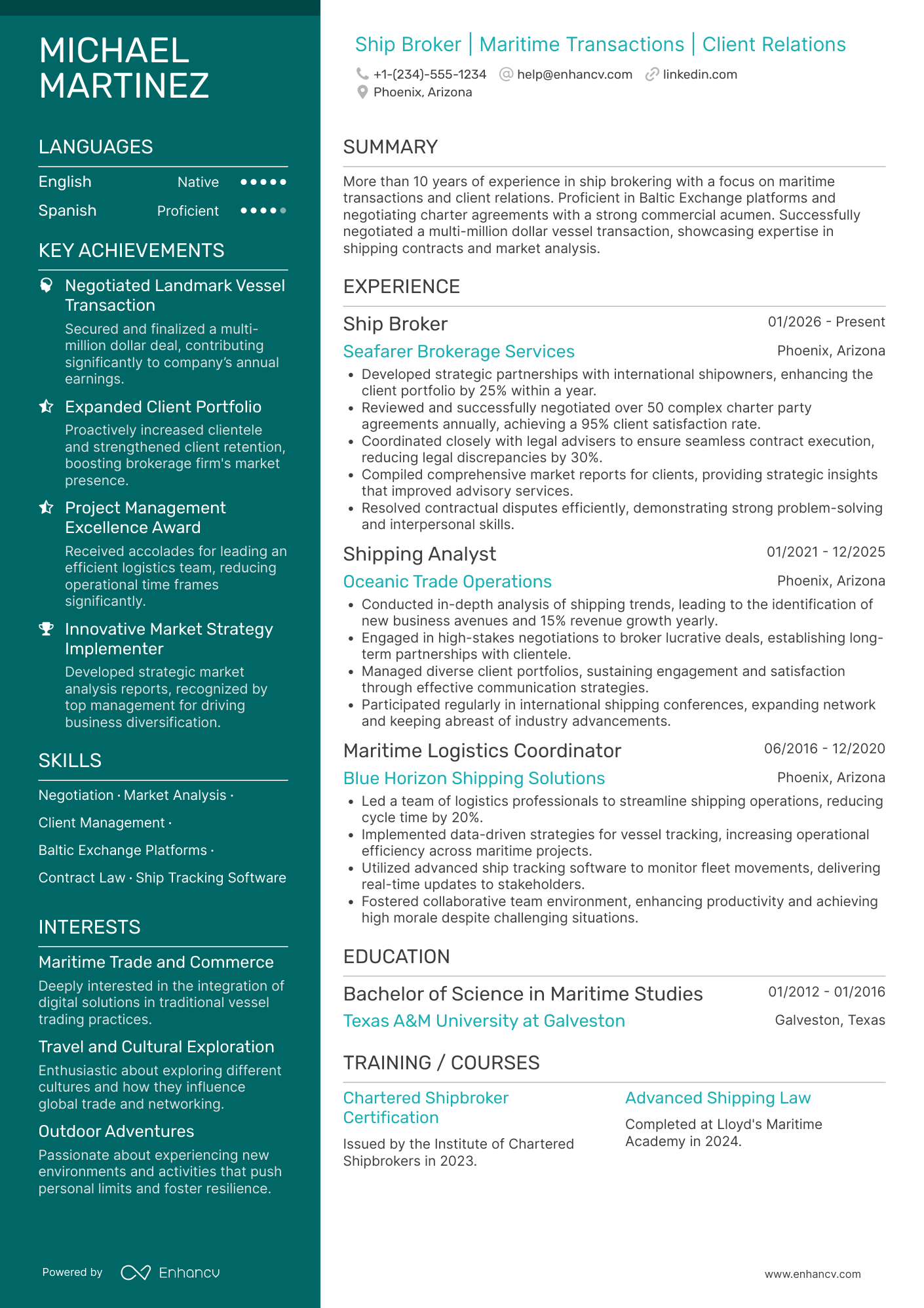 A resume example of a Ship Broker