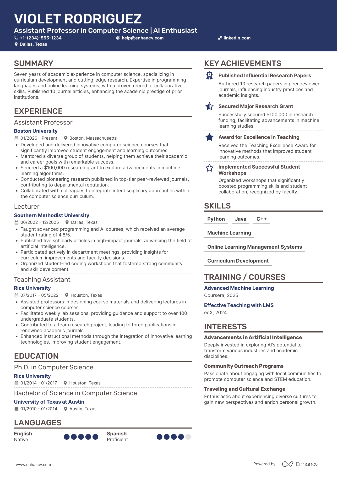 A resume example of a Assistant Professor