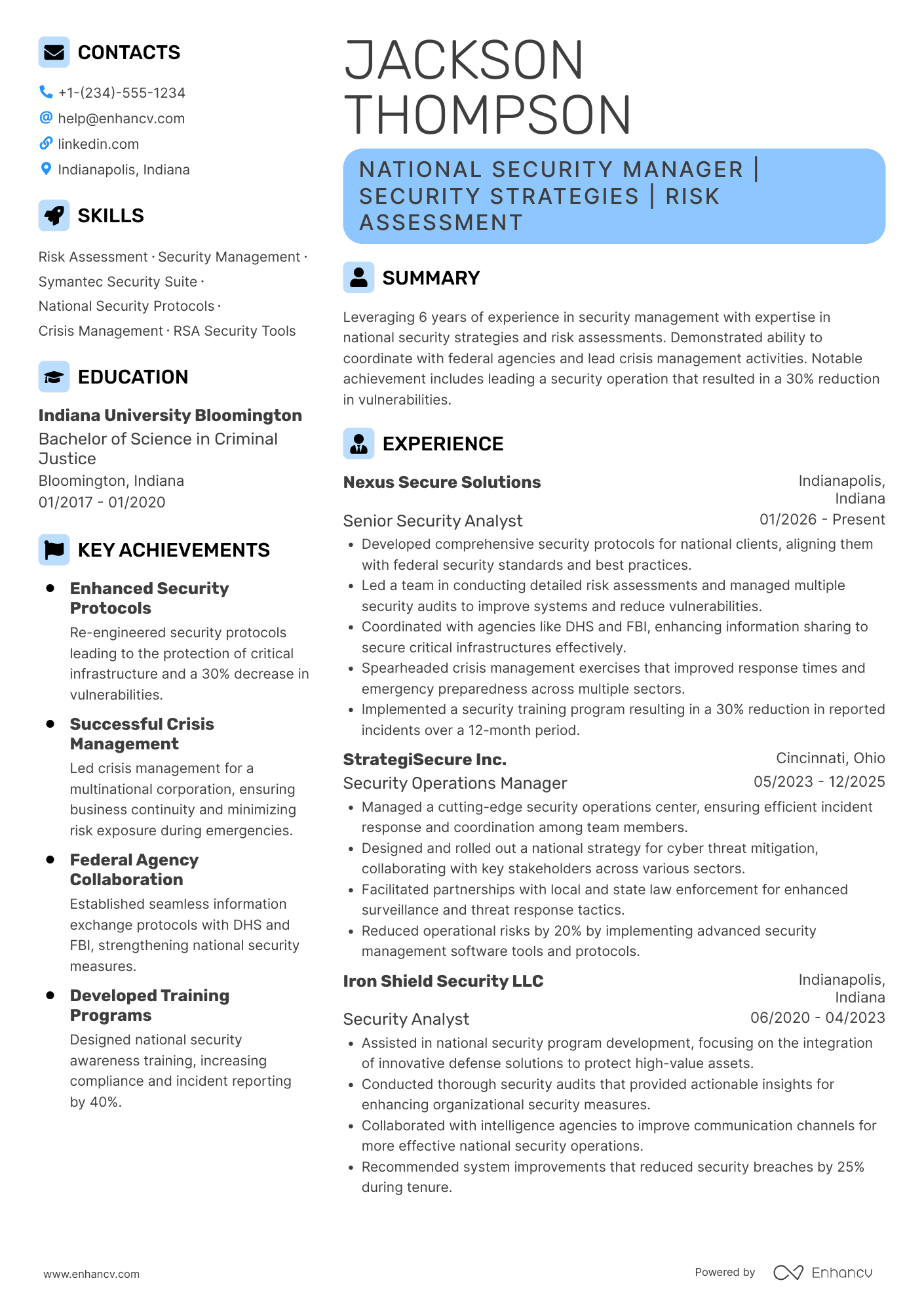 A resume example of a National Security Manager
