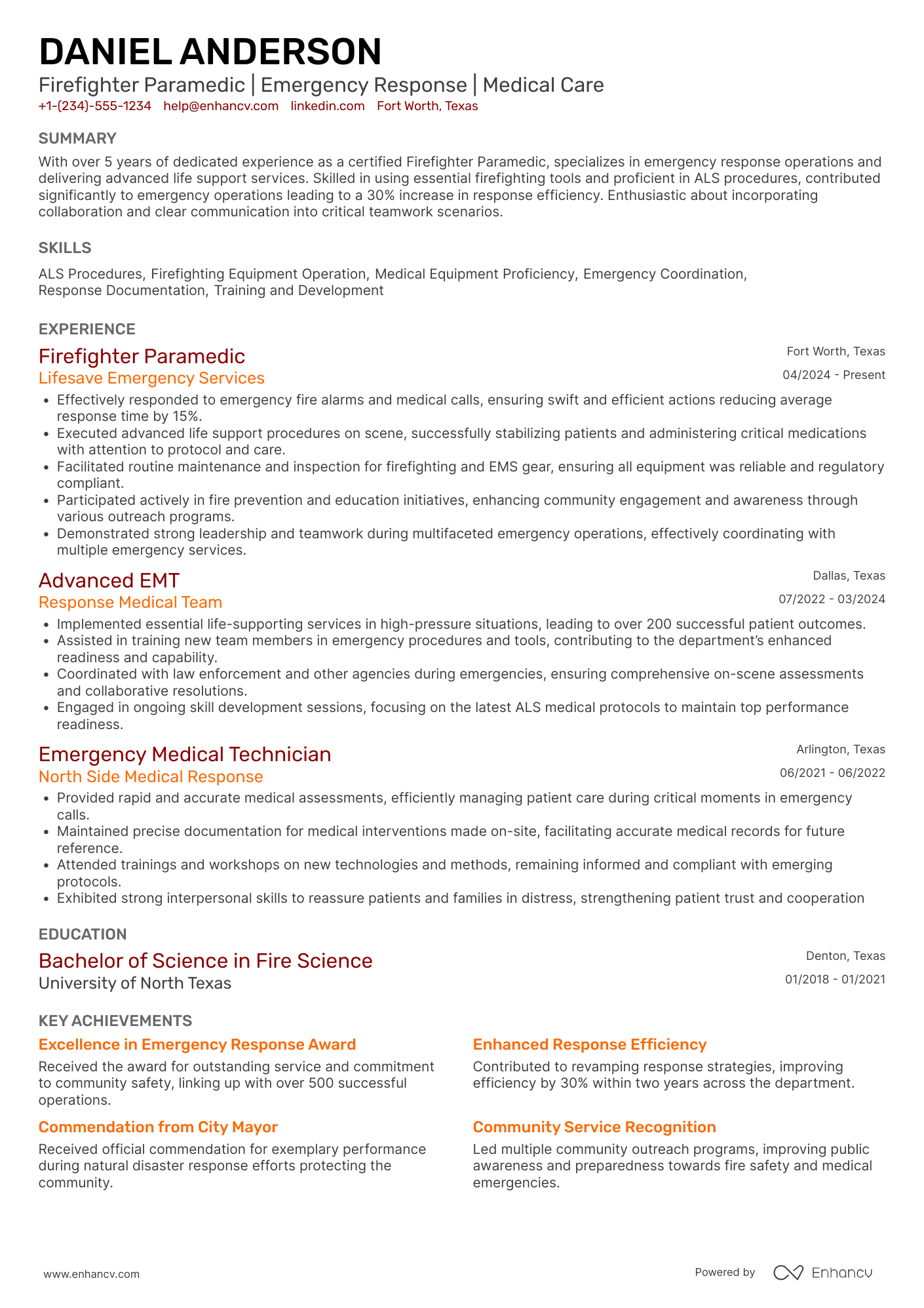 A resume example of a Firefighter Paramedic