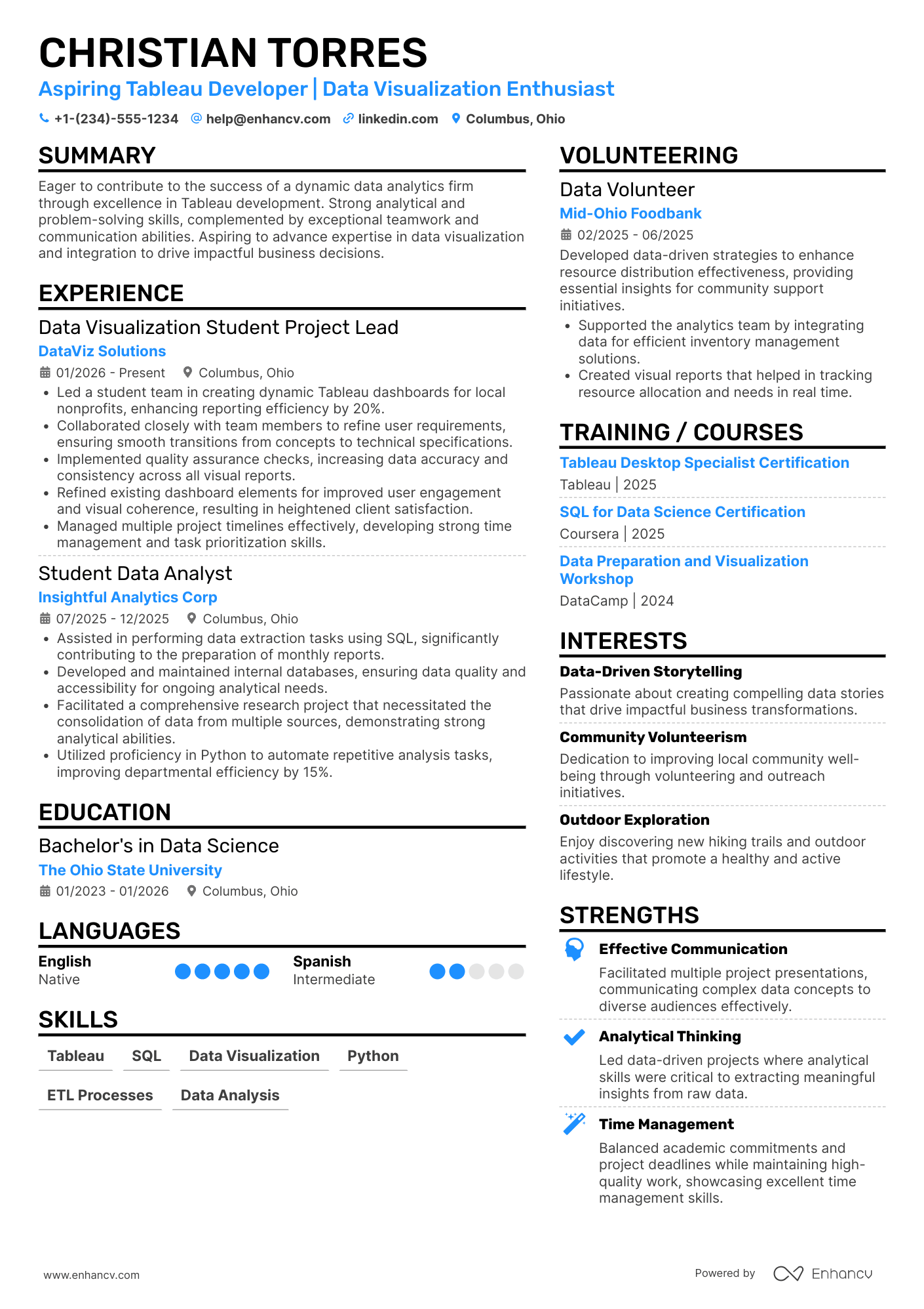 A resume example of a Tableau Developer Intern