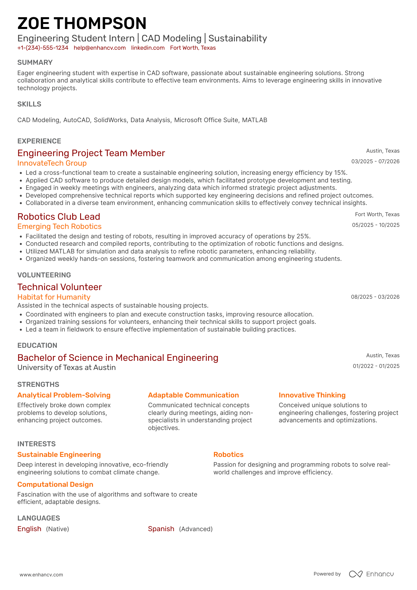 A resume example of a Junior Engineering Student Intern