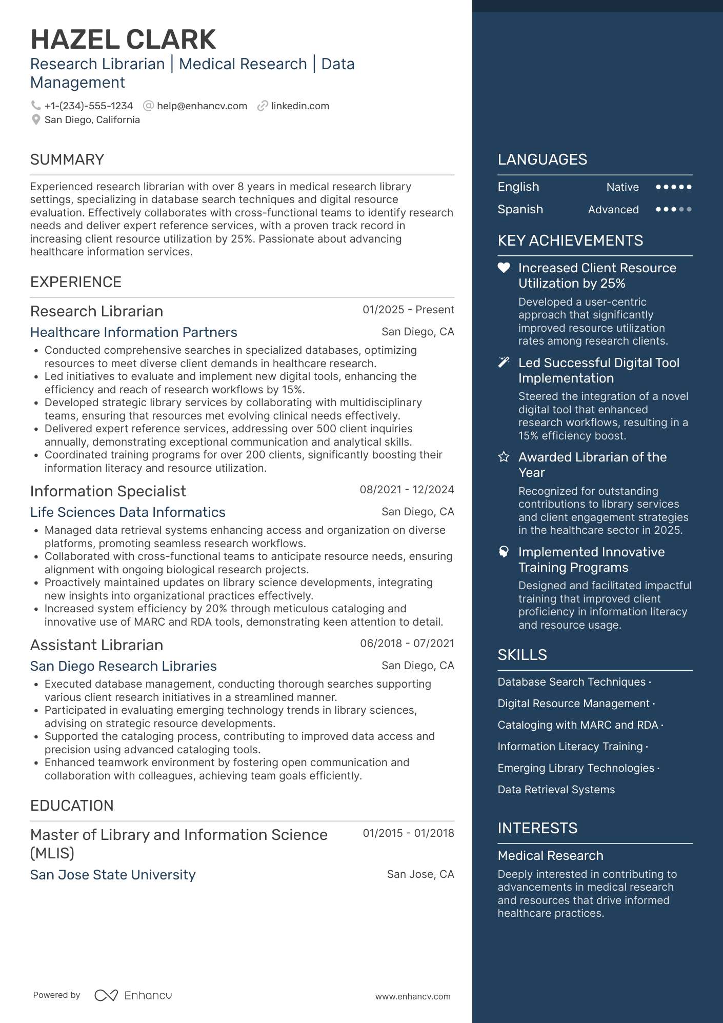 A resume example of a Research Librarian
