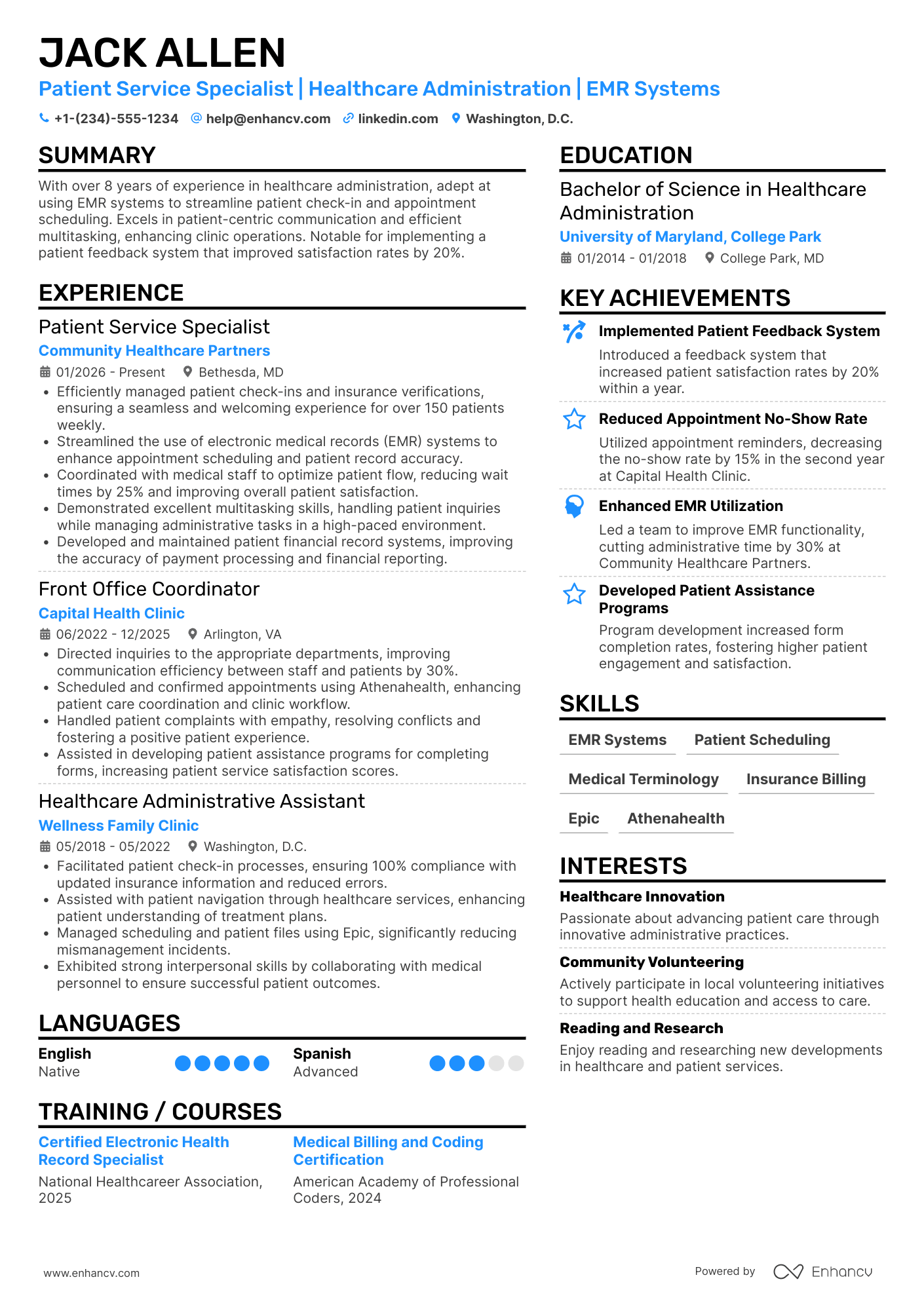 A resume example of a Patient Service Representative I