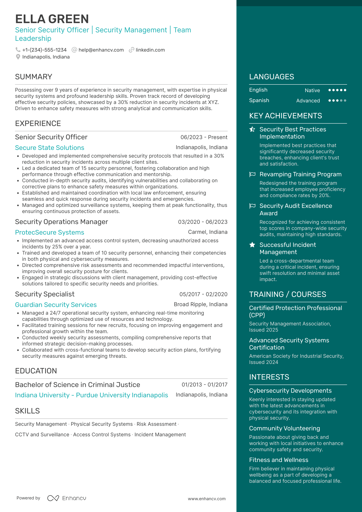 A resume example of a Senior Security Officer