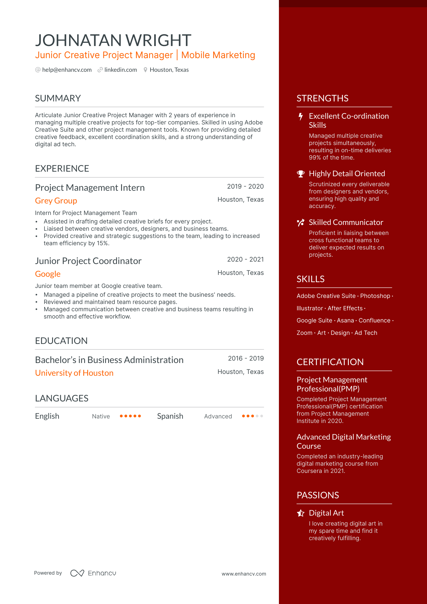 project management on a resume