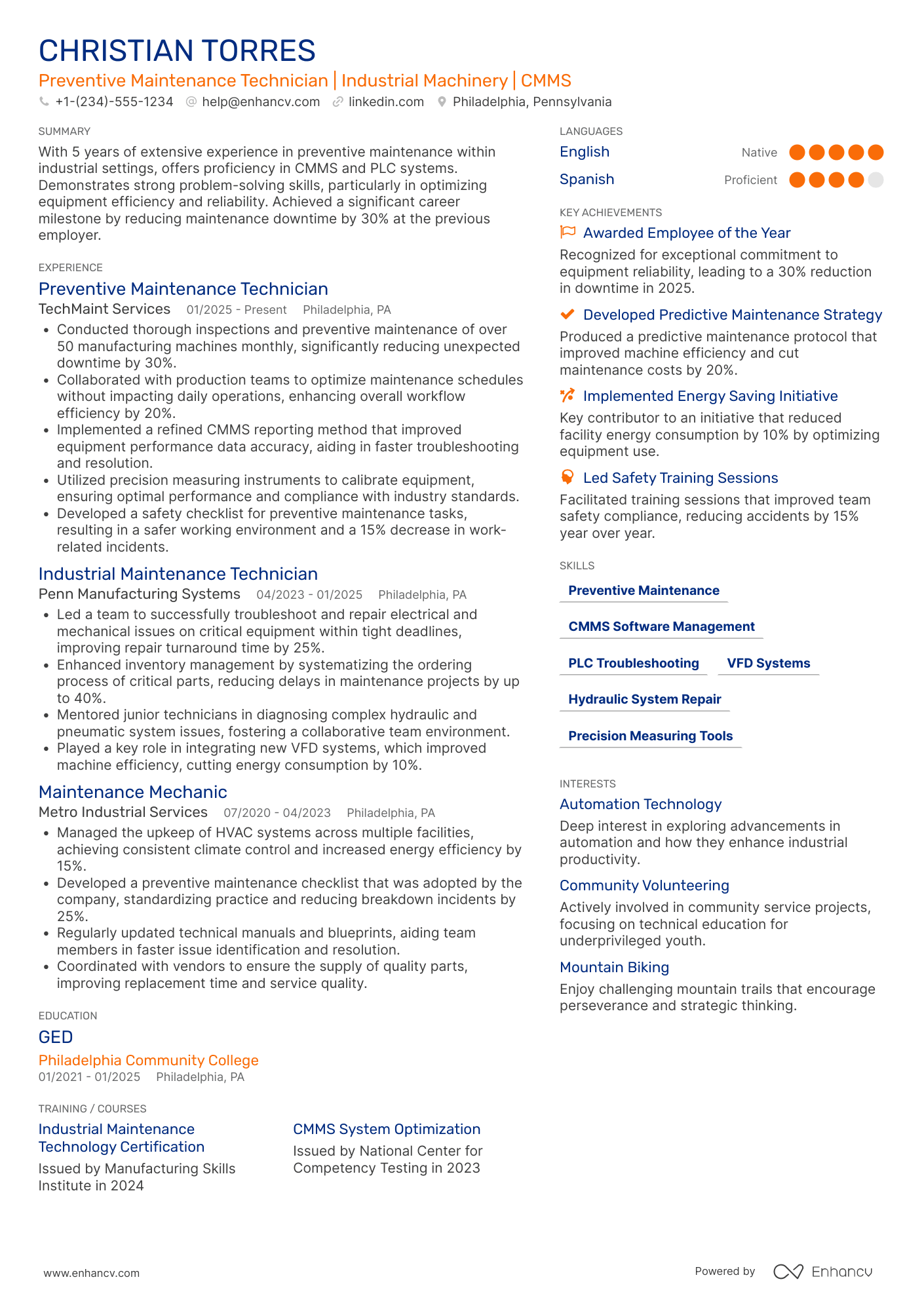 A resume example of a Preventive Maintenance Technician