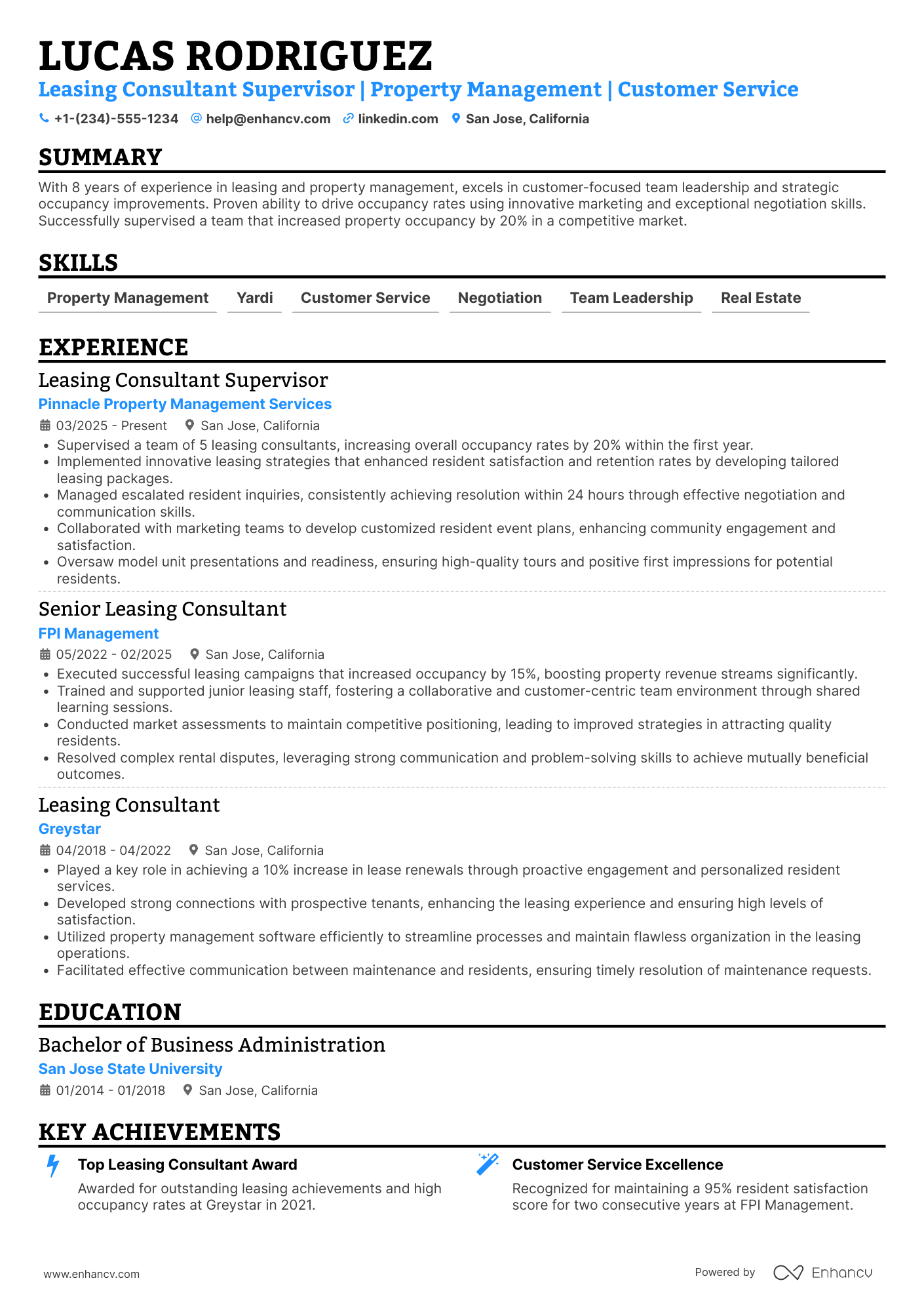 A resume example of a Leasing Consultant Supervisor