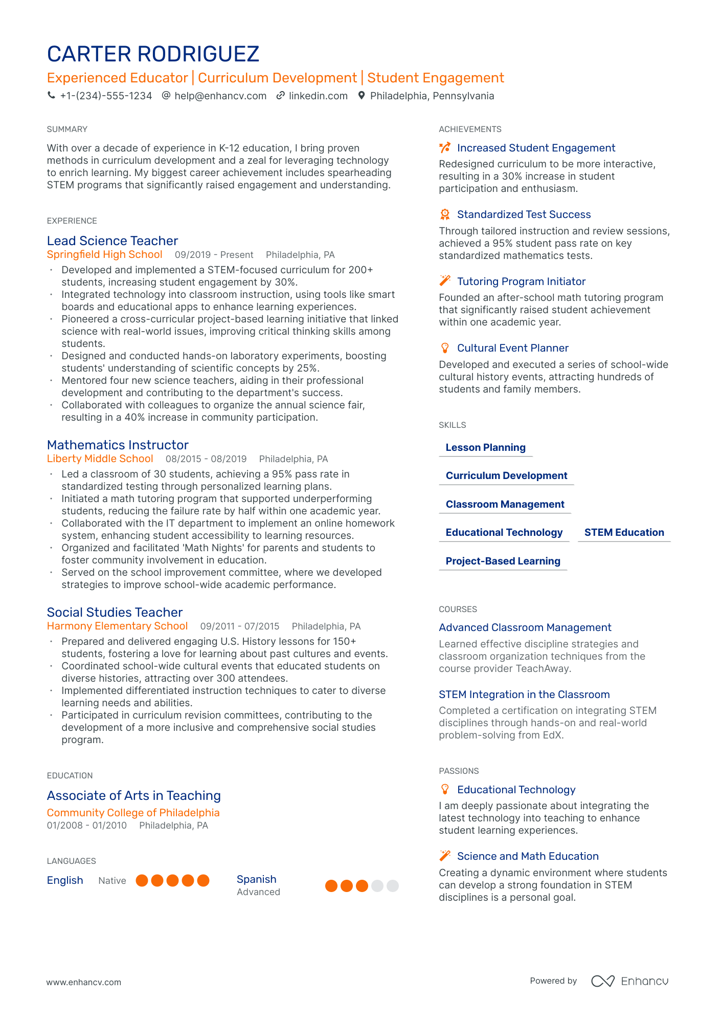 resume for teachers math