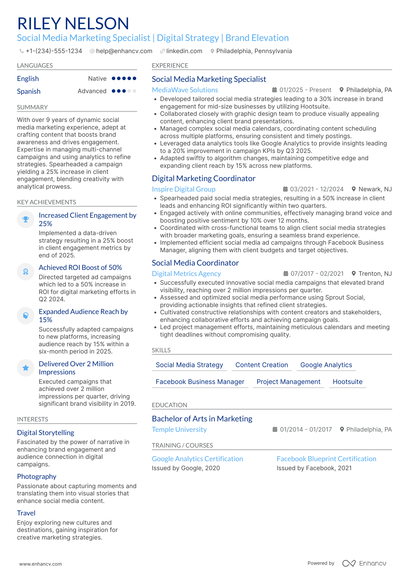 A resume example of a Social Media Marketing Specialist