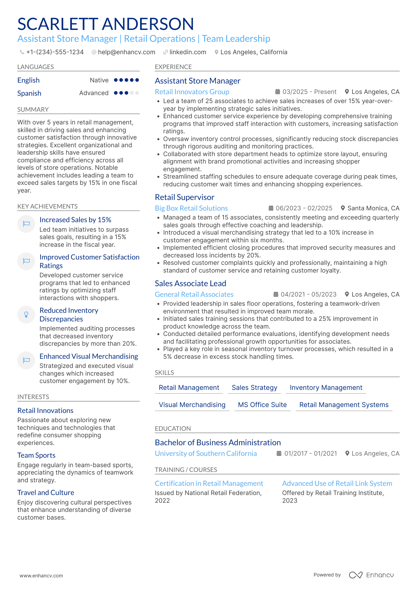 A resume example of a Walmart Assistant Store Manager