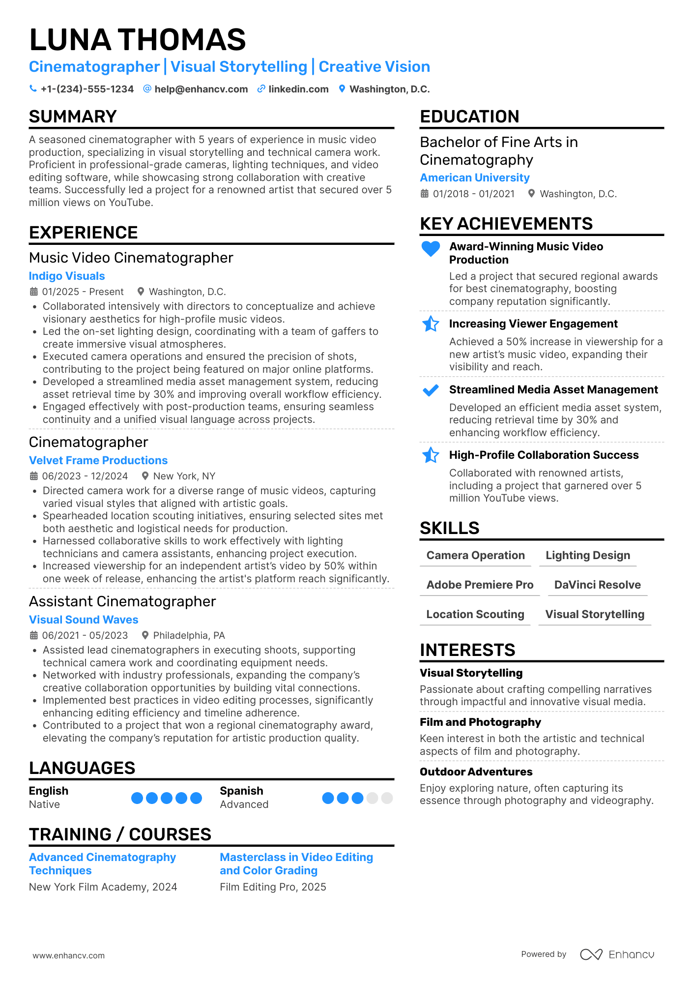 A resume example of a Music Video Cinematographer