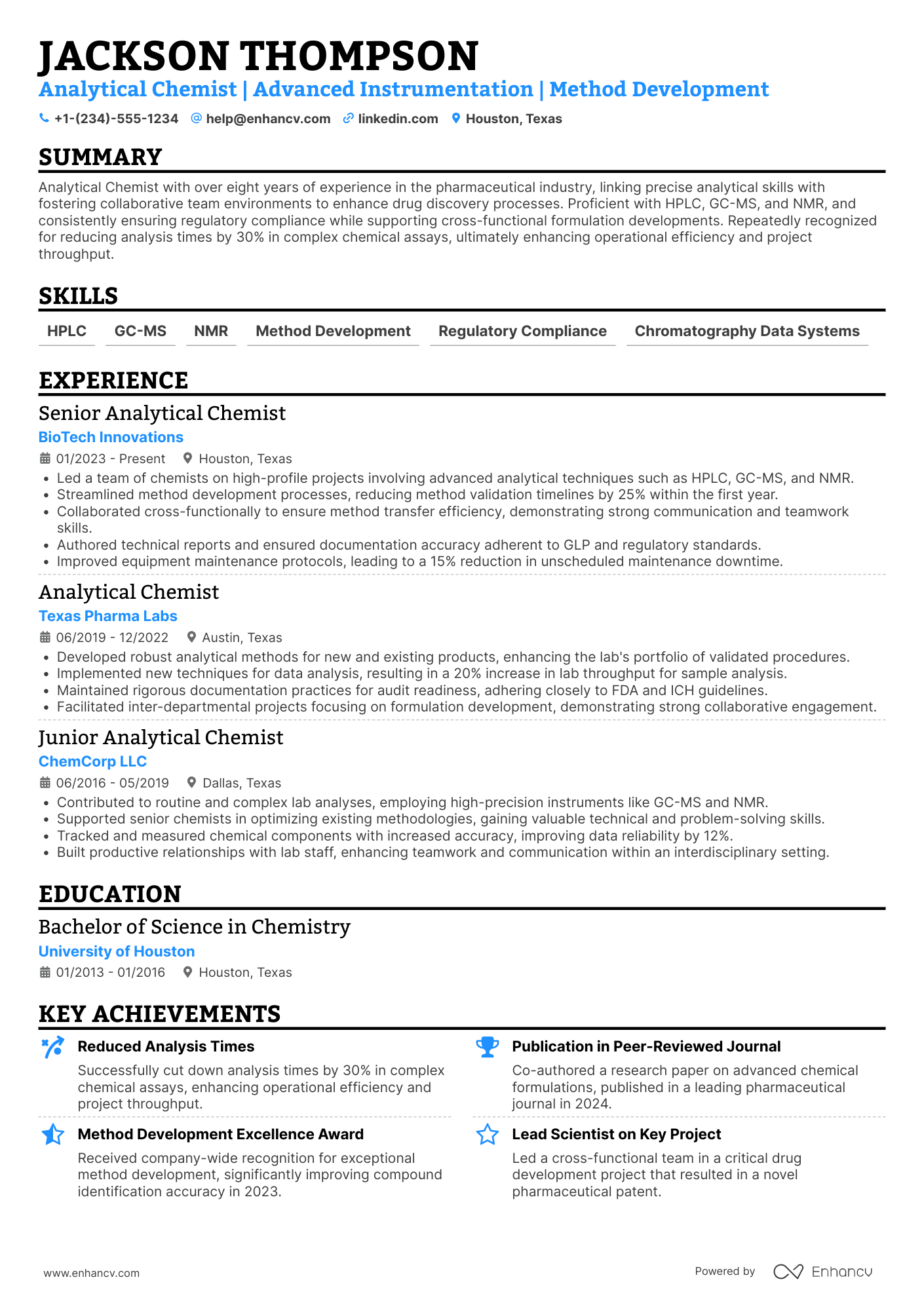 A resume example of a Analytical Chemist