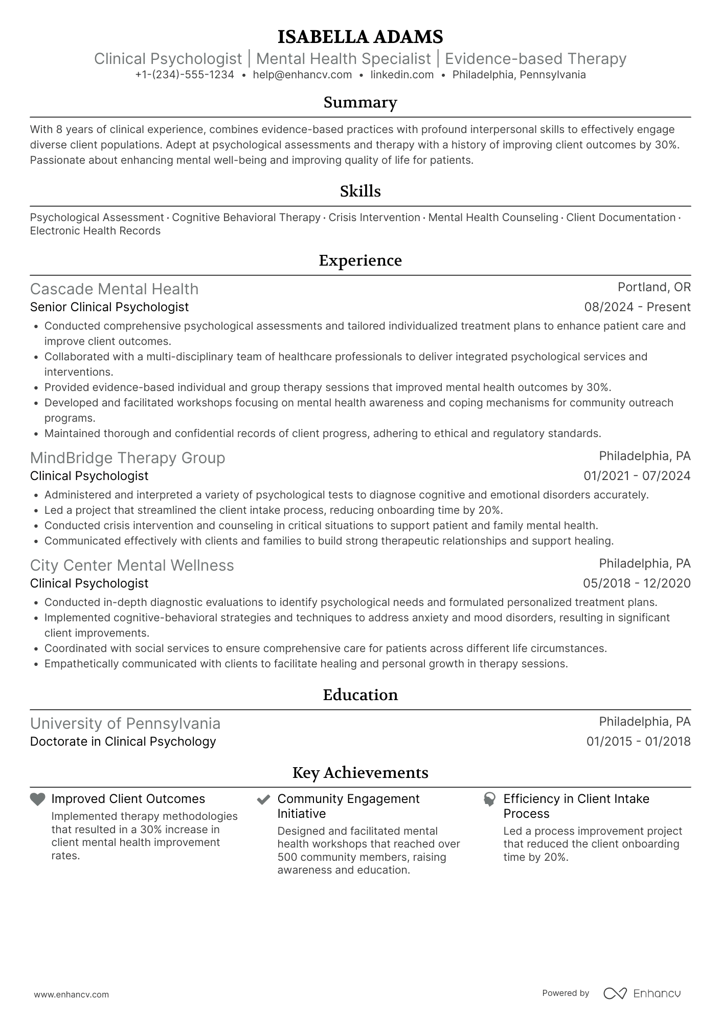 A resume example of a Clinical Psychologist