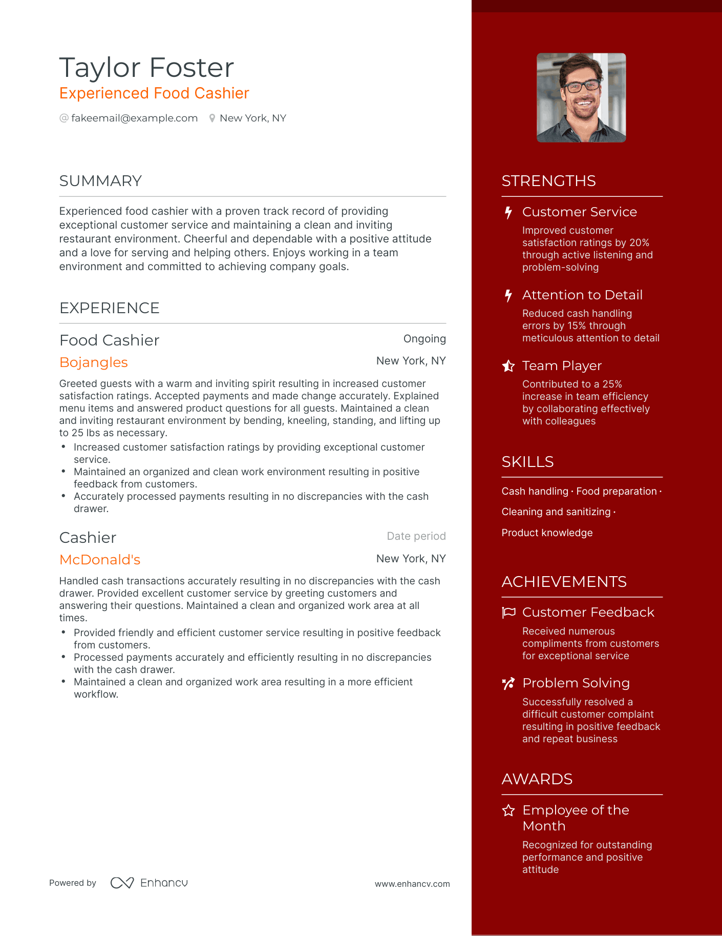 One Page Food Cashier Resume Template