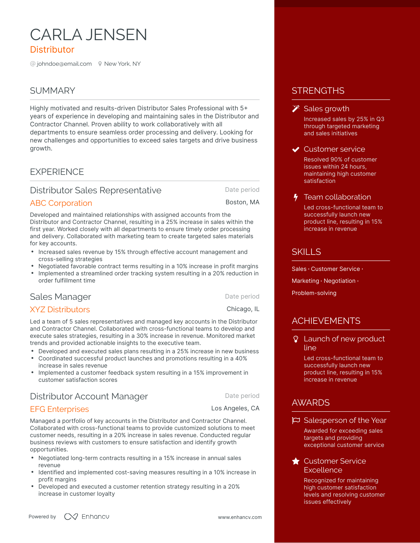 One Page Distributor Resume Template