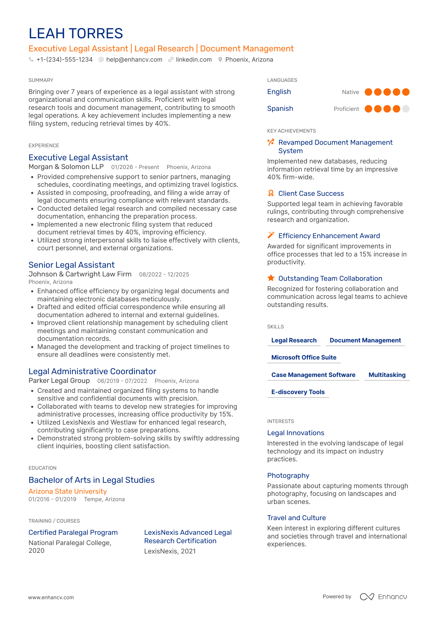 A resume example of a Executive Legal Assistant