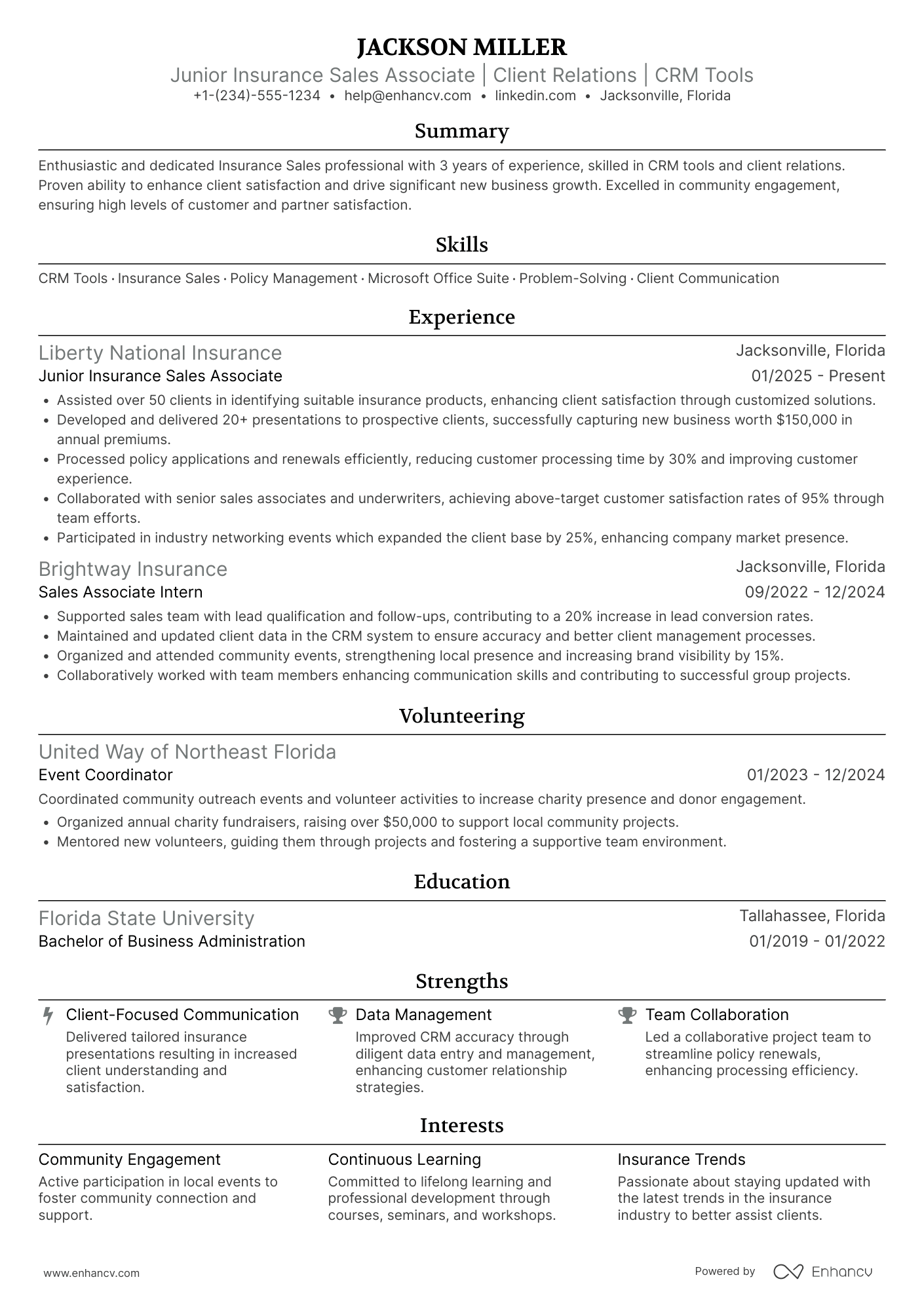 A resume example of a Junior Insurance Sales Associate