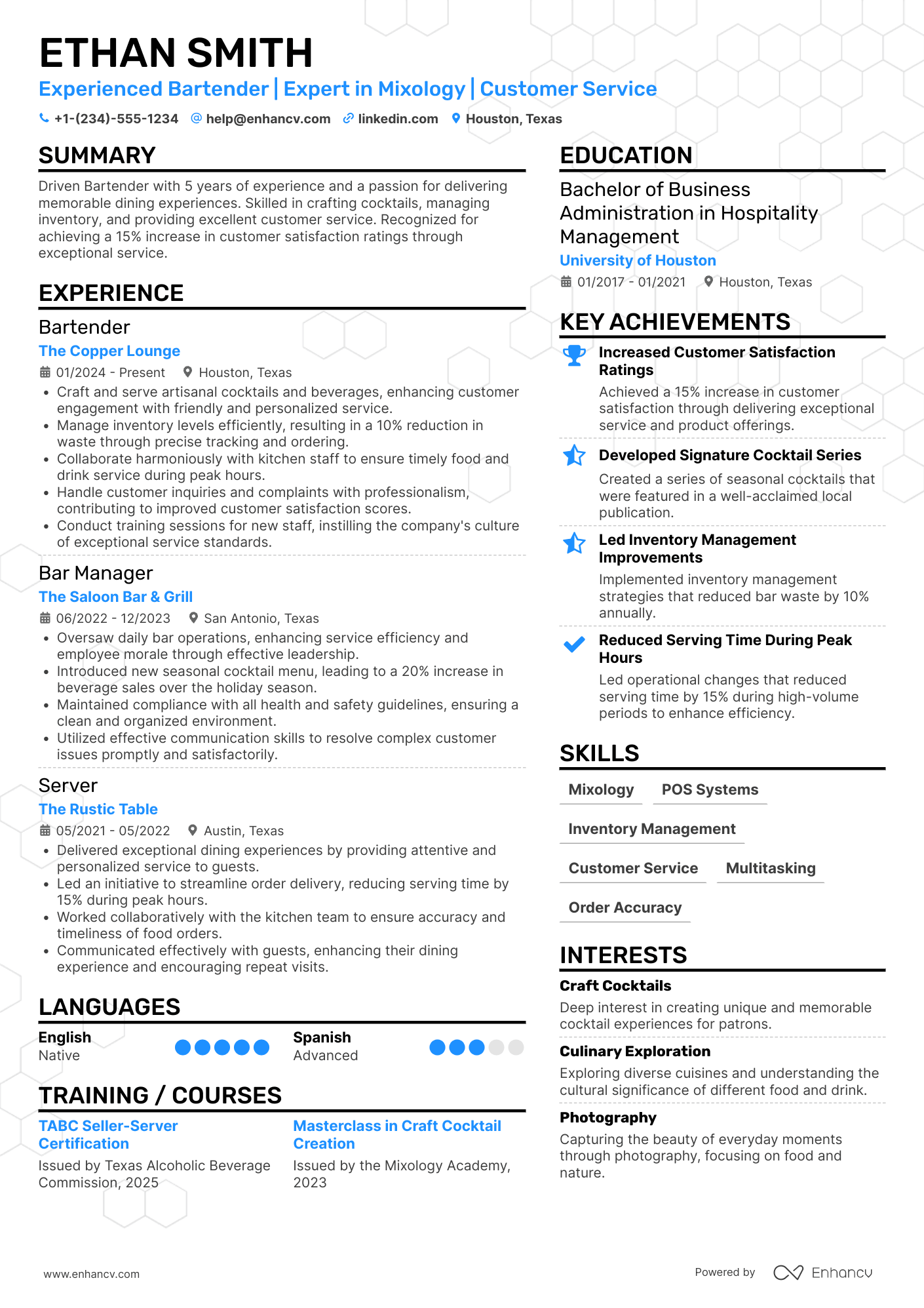 A resume example of a Bartender Server