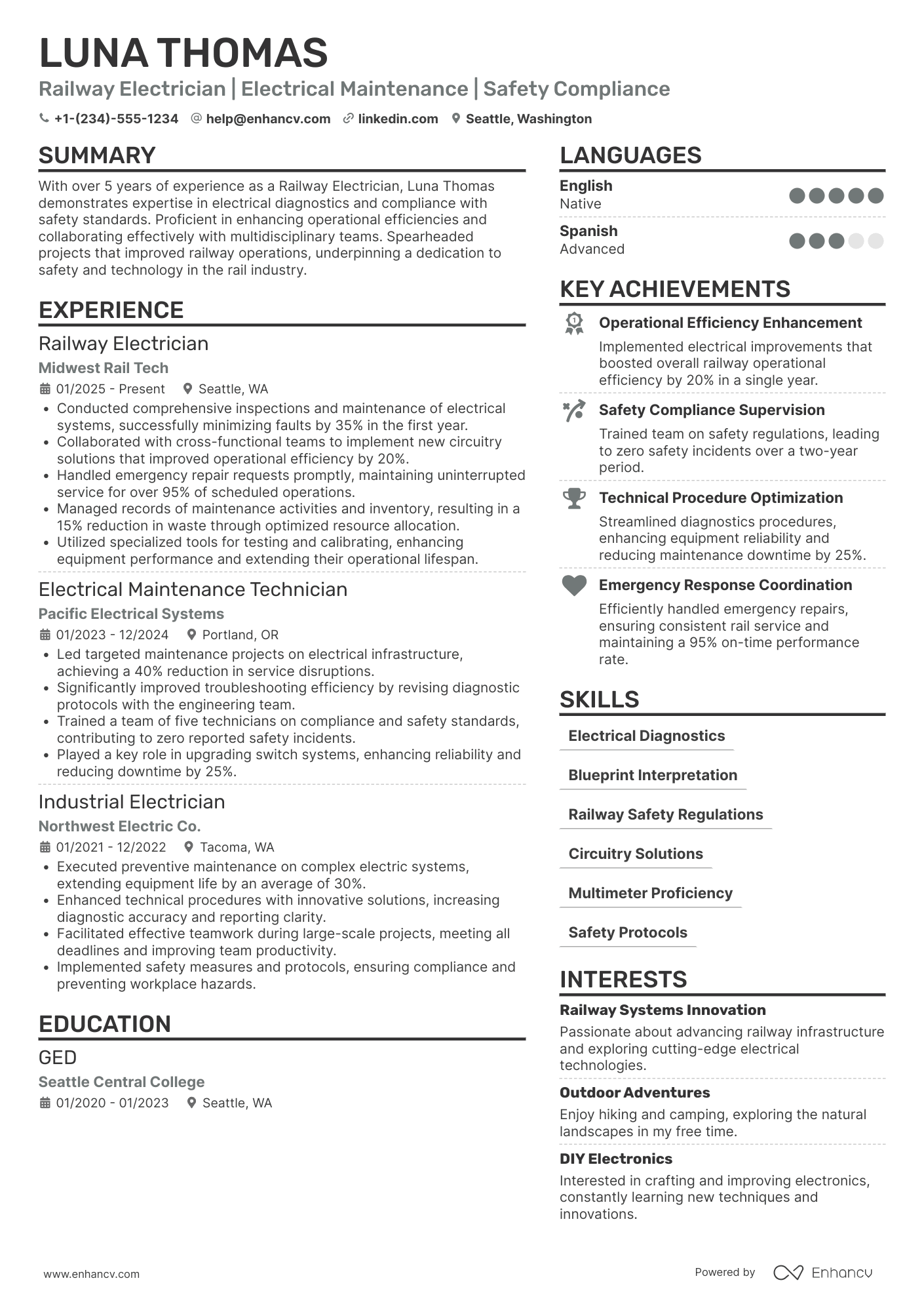 A resume example of a Railway Electrician