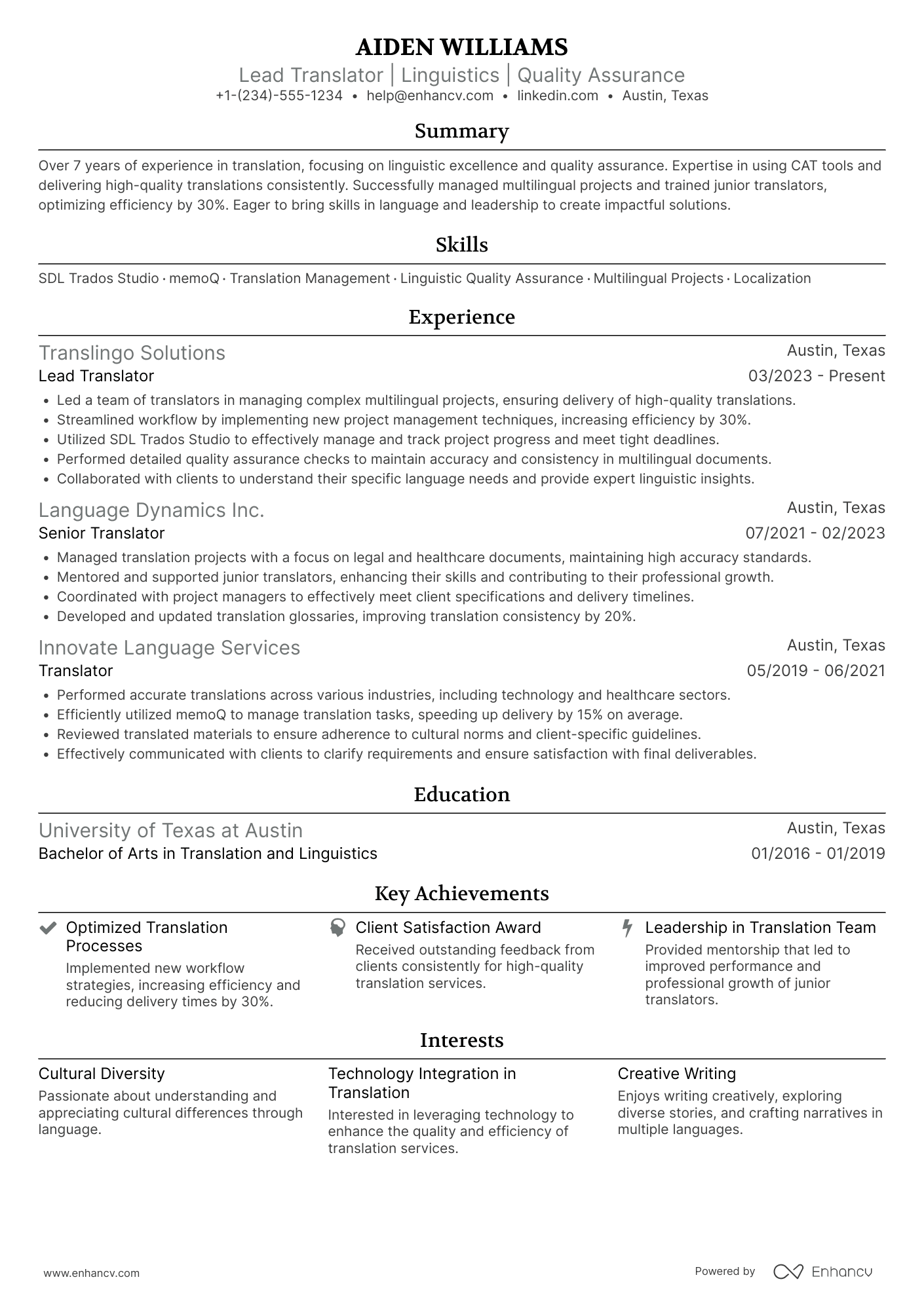 A resume example of a Lead Translator