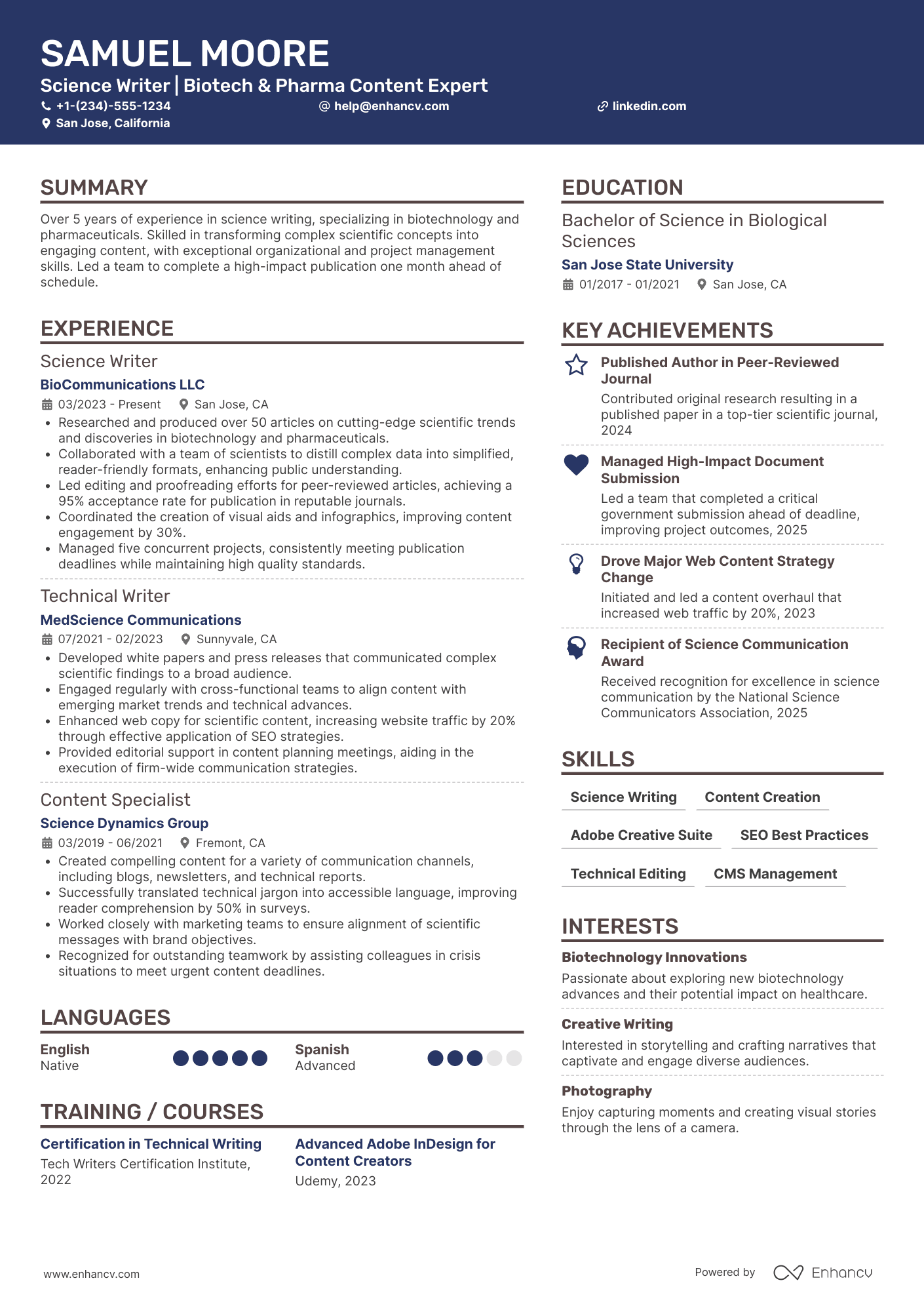 A resume example of a Science Writer
