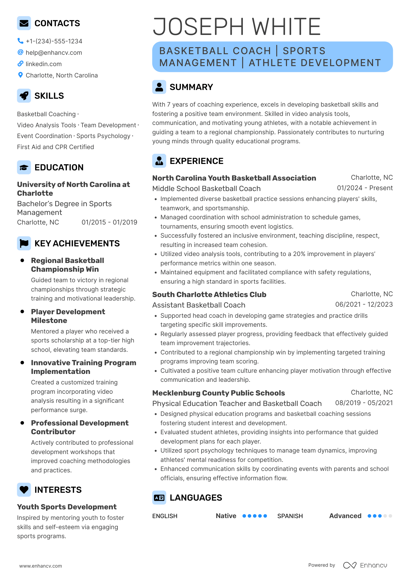 A resume example of a Middle School Basketball Coach