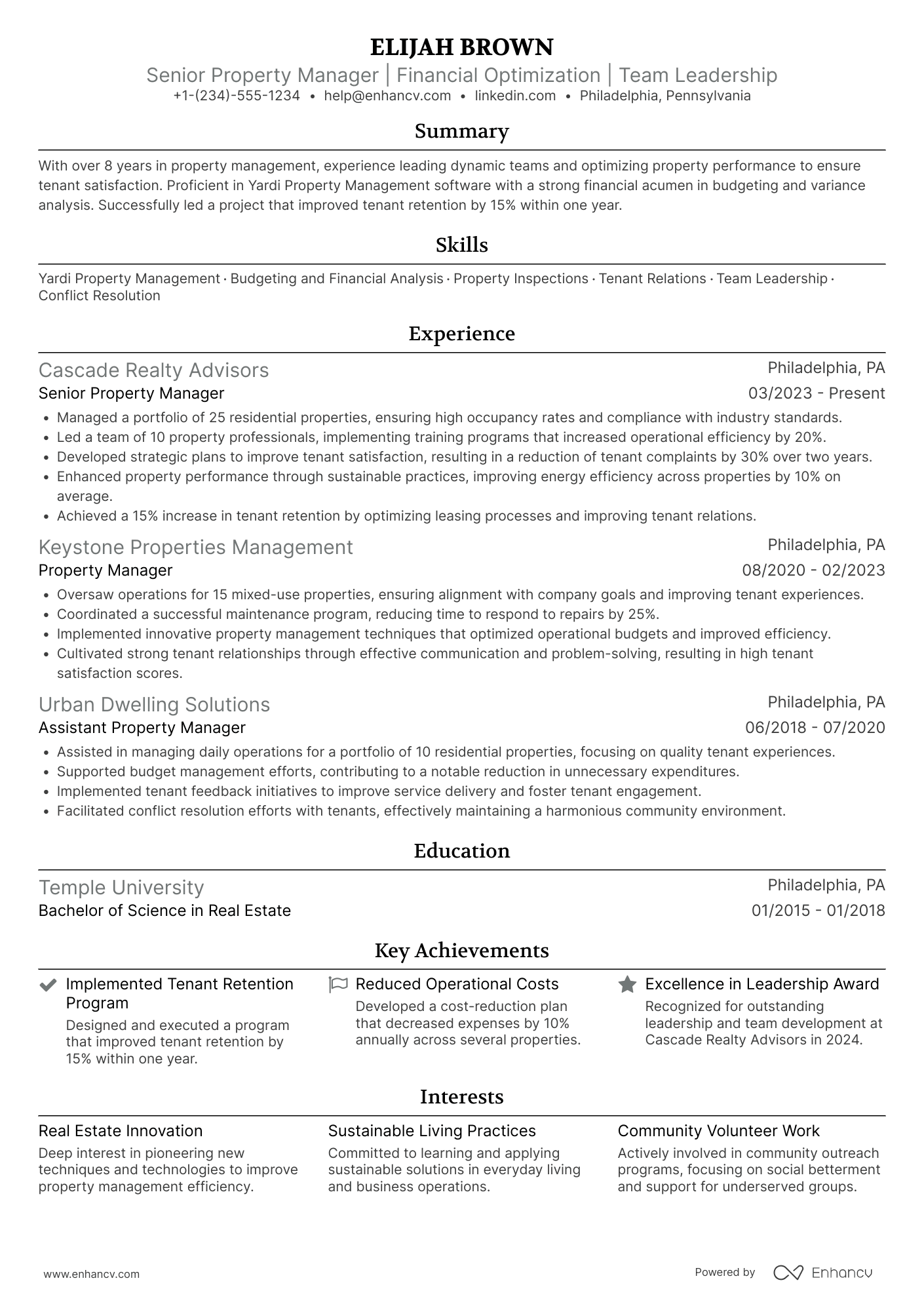 A resume example of a Senior Property Manager