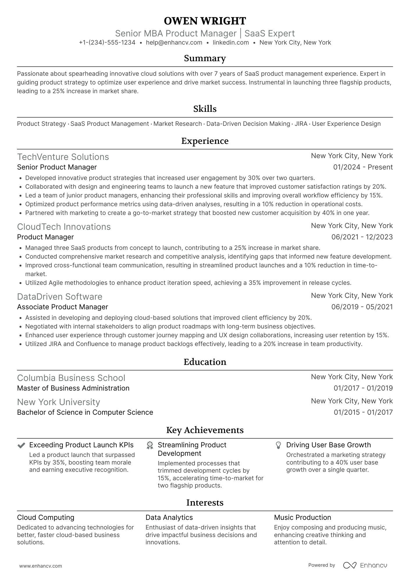 A resume example of a Senior MBA Product Manager
