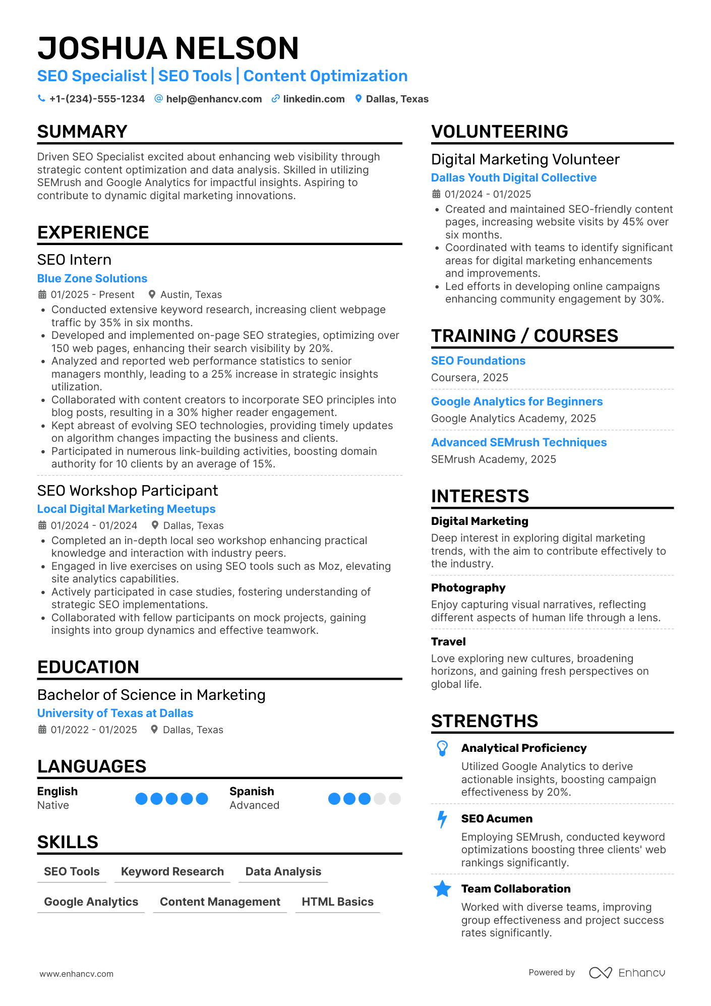 A resume example of a Entry Level SEO Specialist