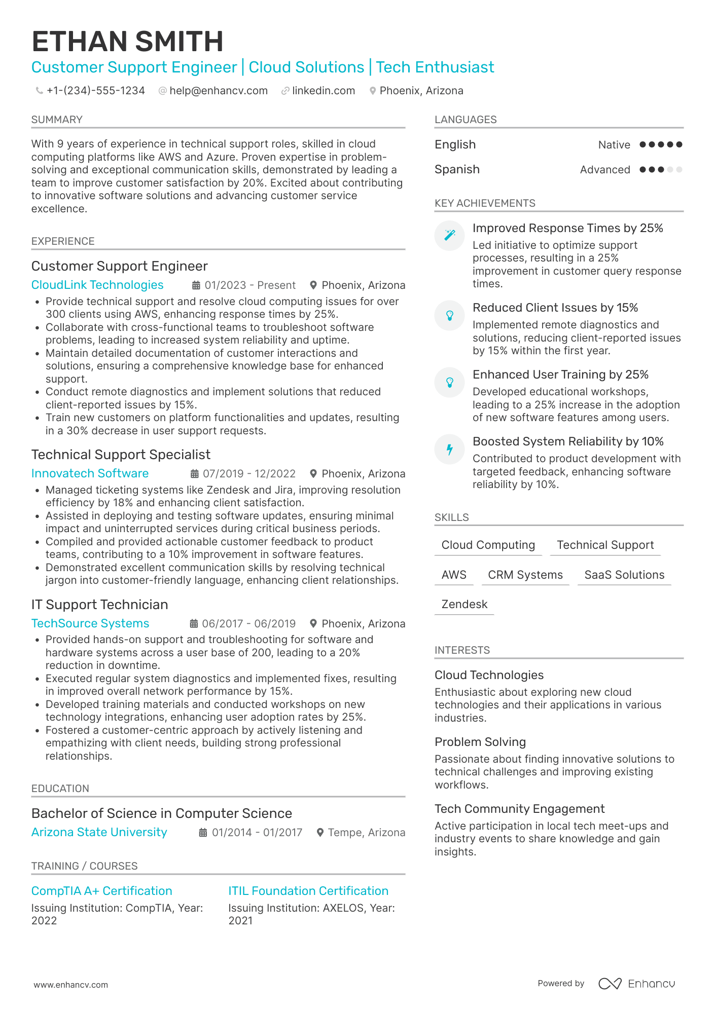 A resume example of a Customer Support Engineer