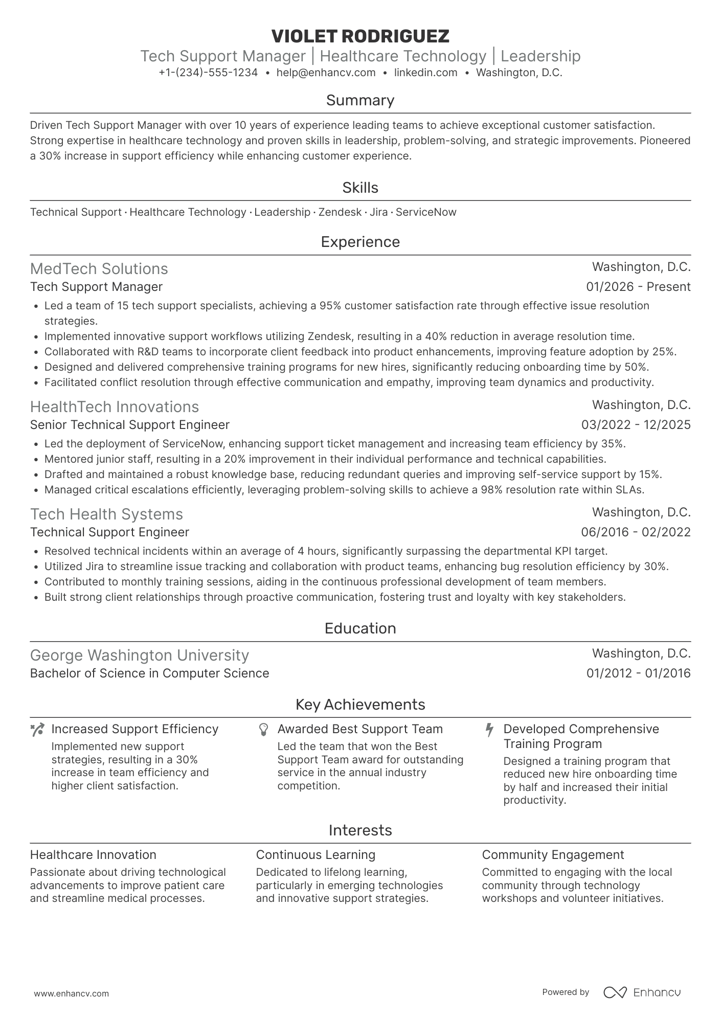 A resume example of a Tech Support Manager