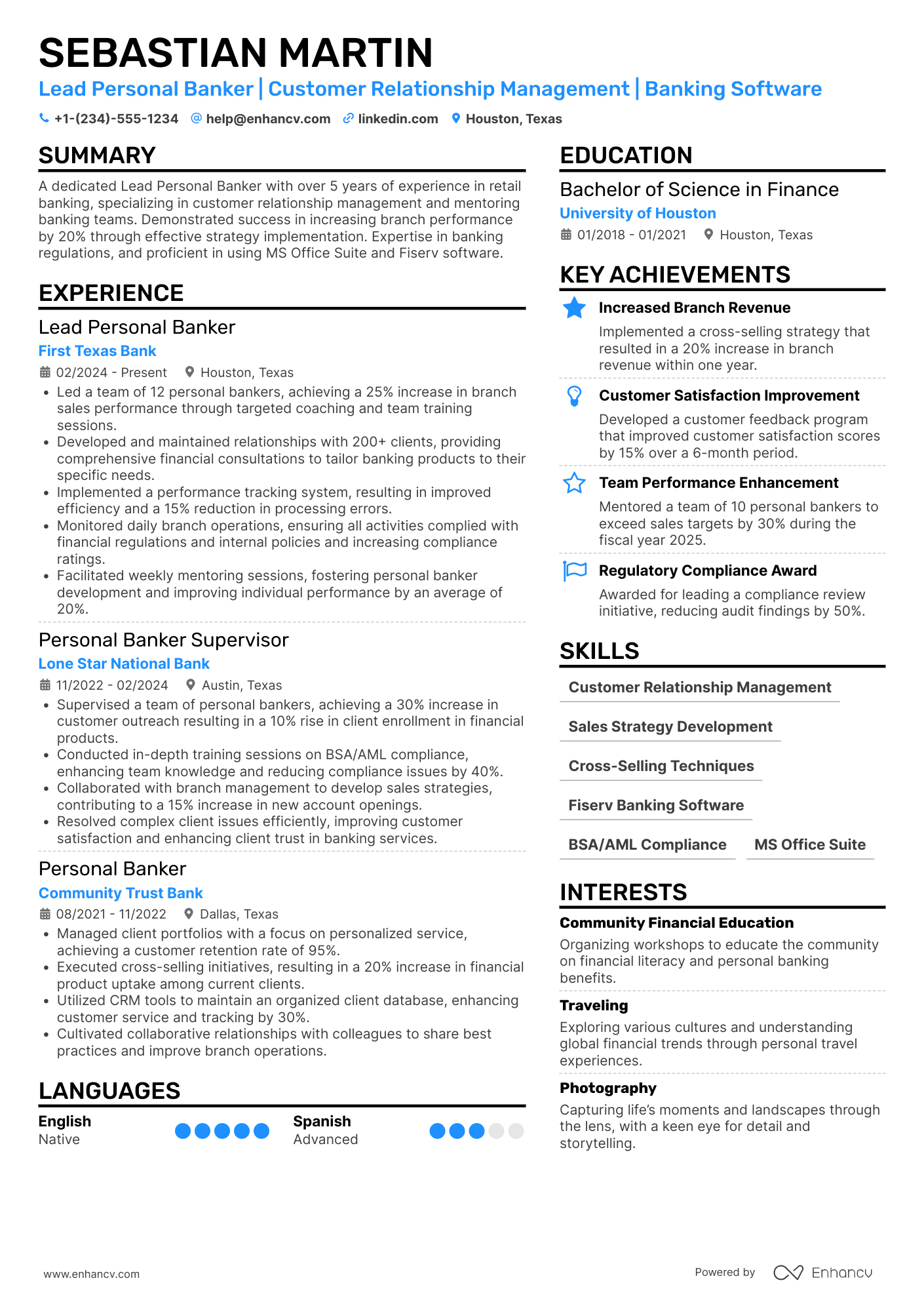 A resume example of a Lead Personal Banker