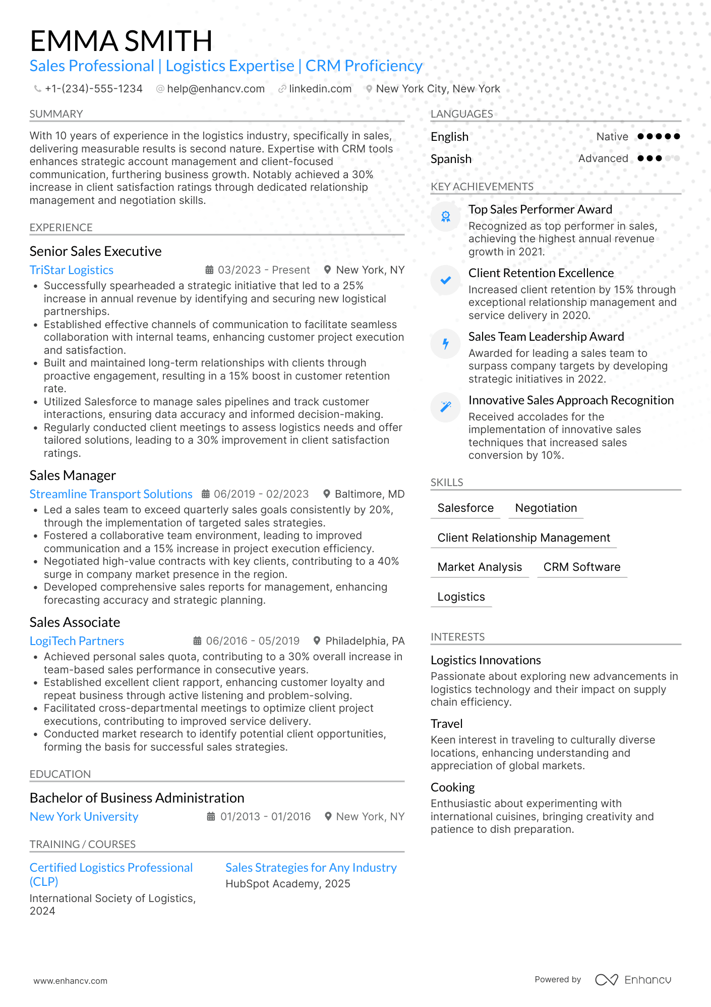 A resume example of a Sales Professional