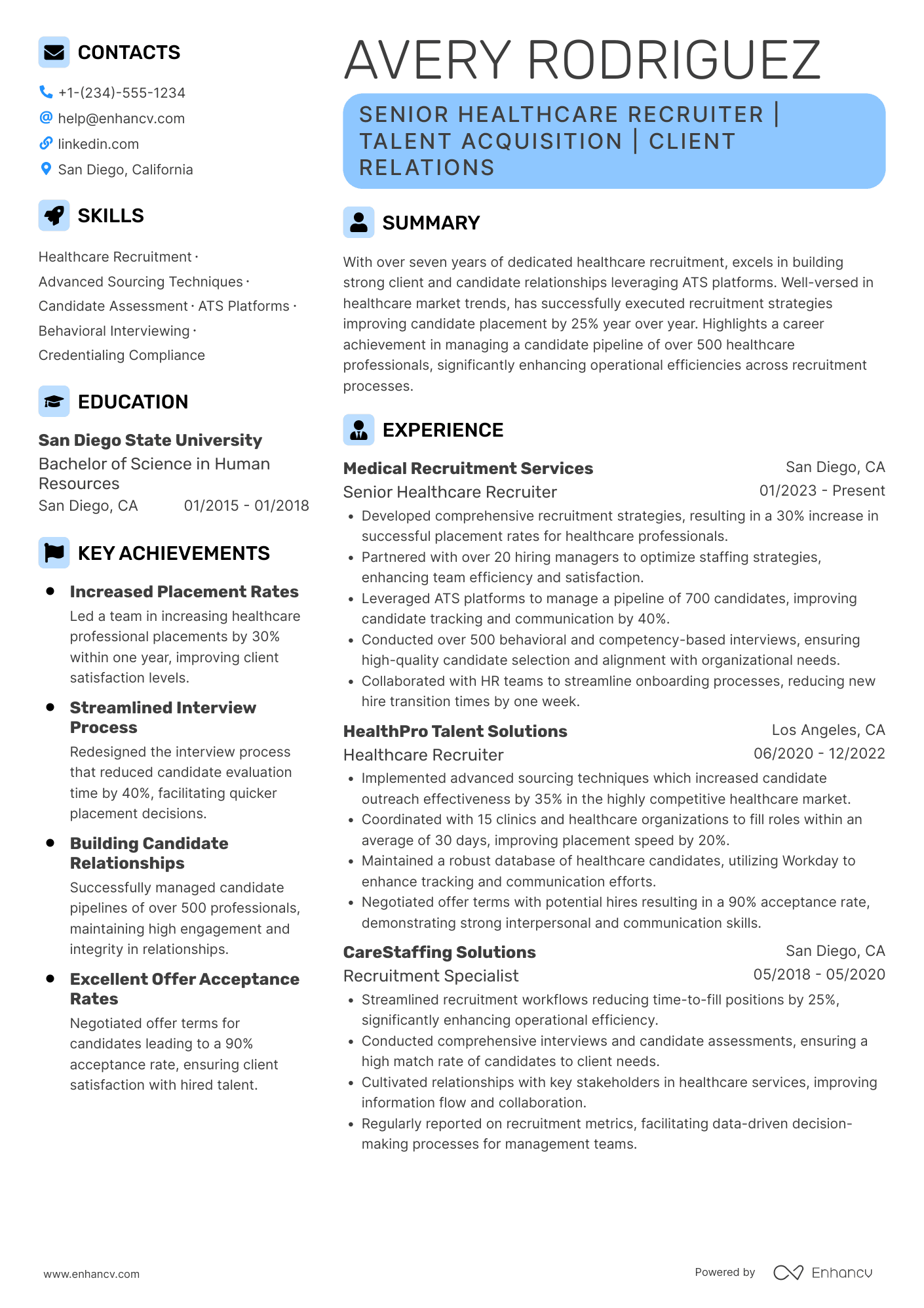 A resume example of a Senior Healthcare Recruiter