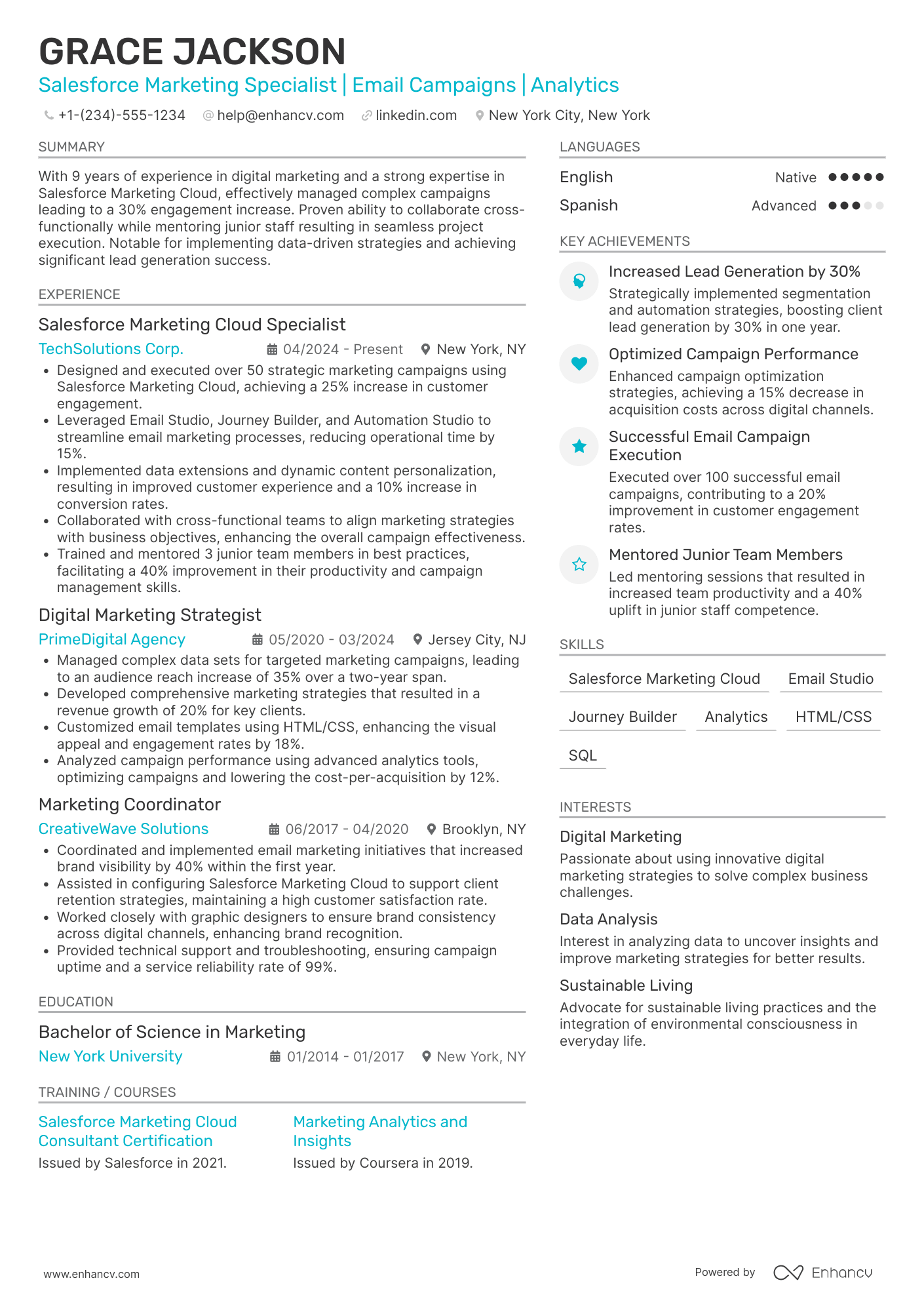 A resume example of a Salesforce Marketing Cloud Specialist