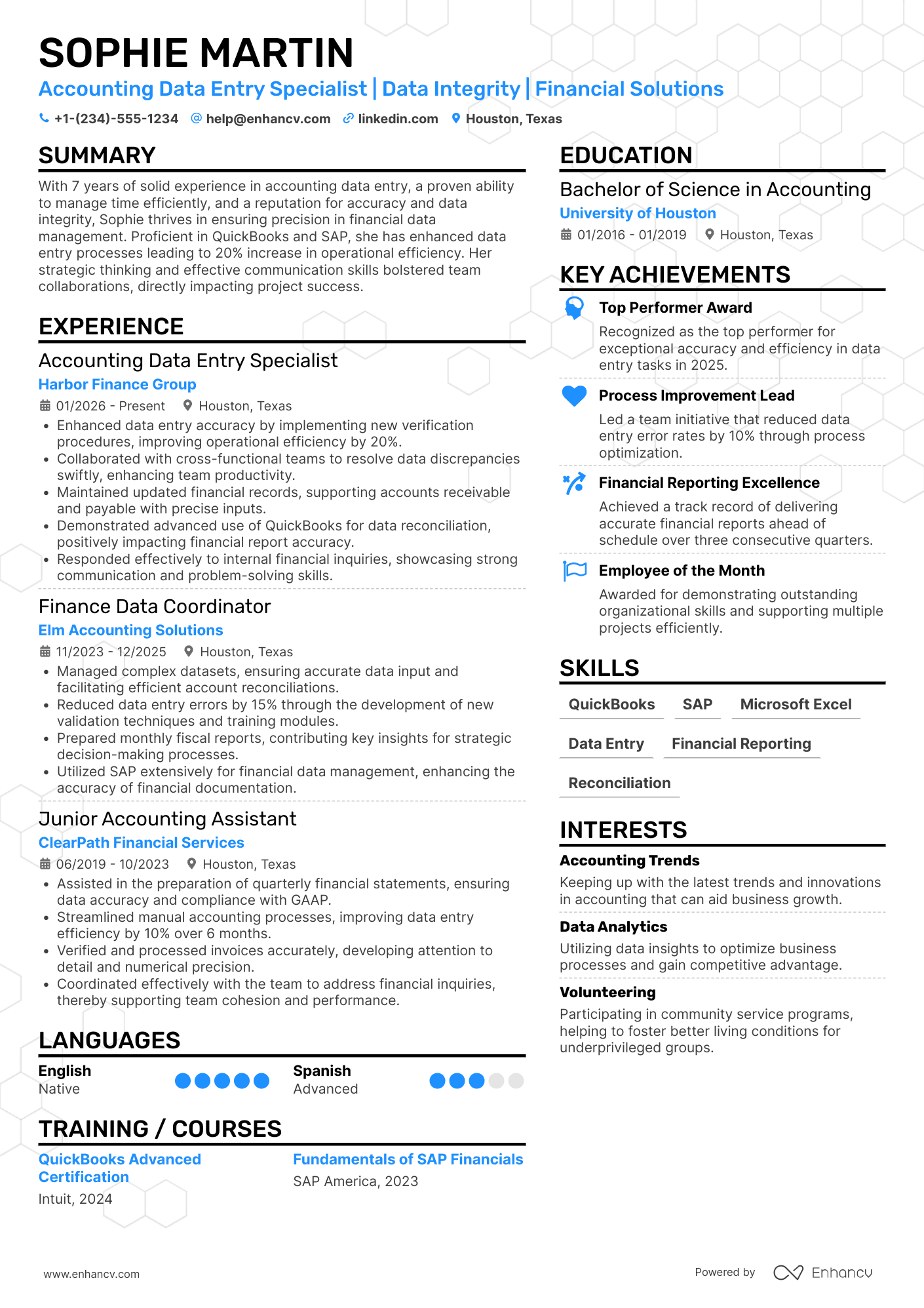 A resume example of a Accounting Data Entry