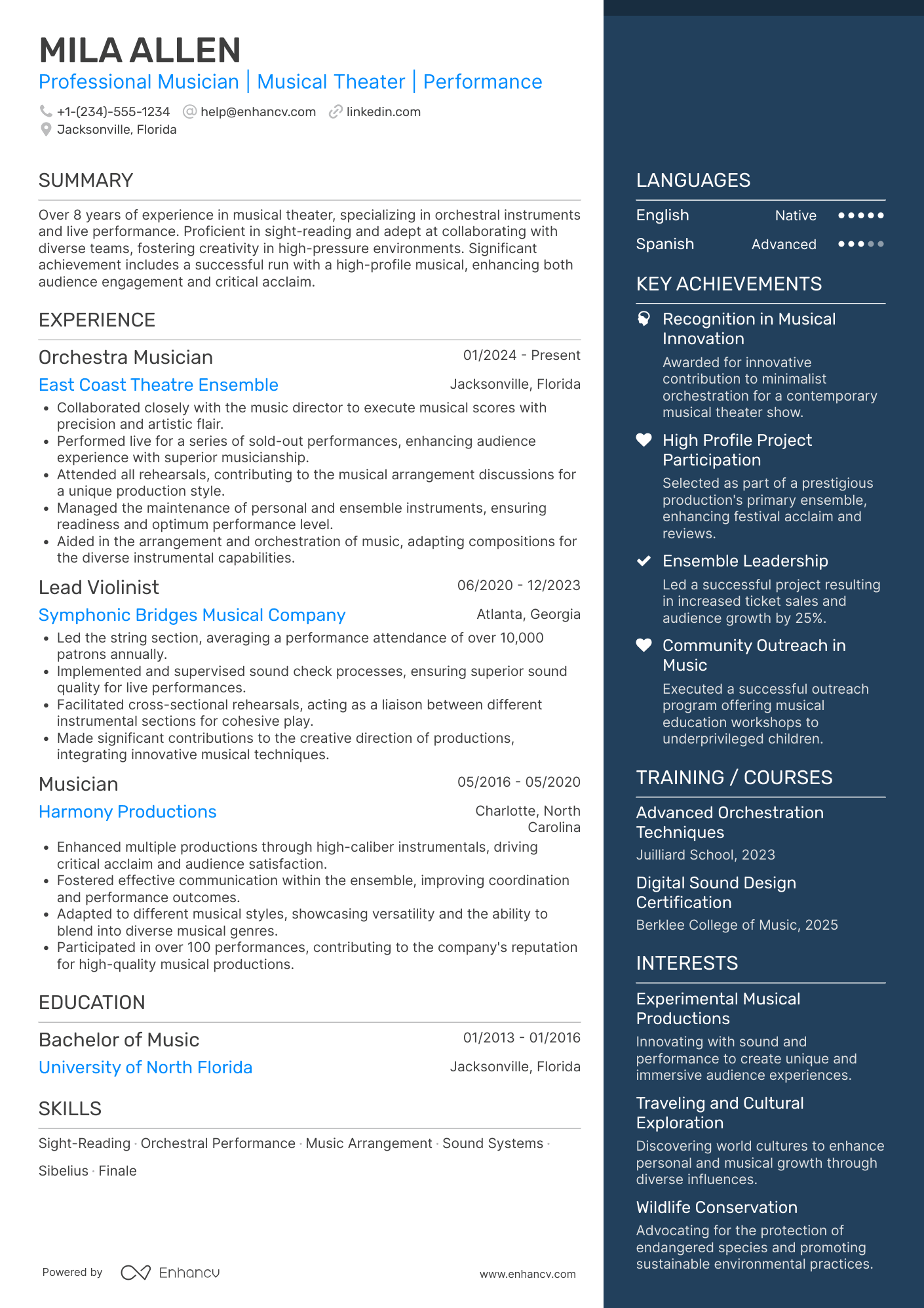 A resume example of a Broadway Musical Musician