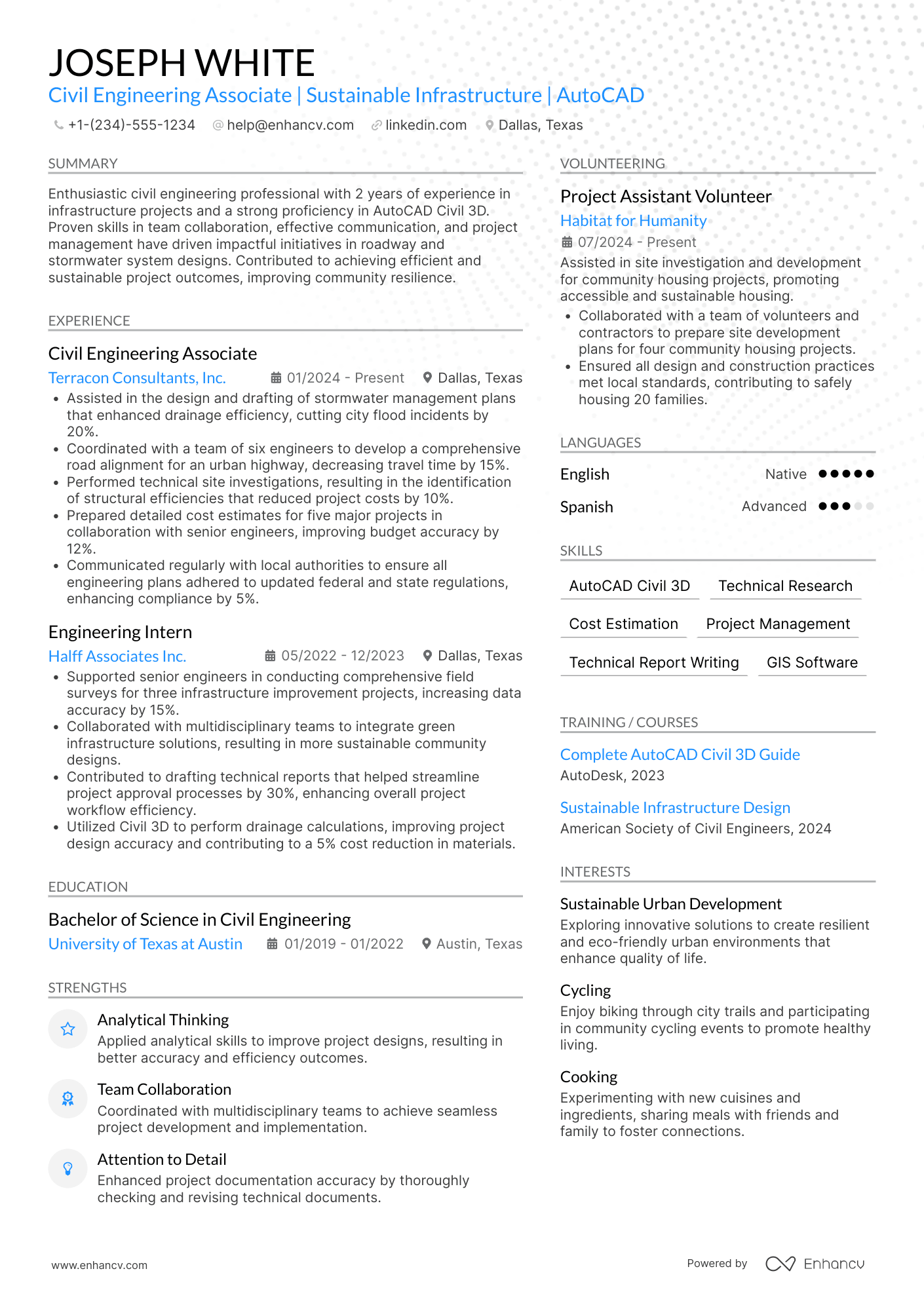 A resume example of a Civil Engineering Associate